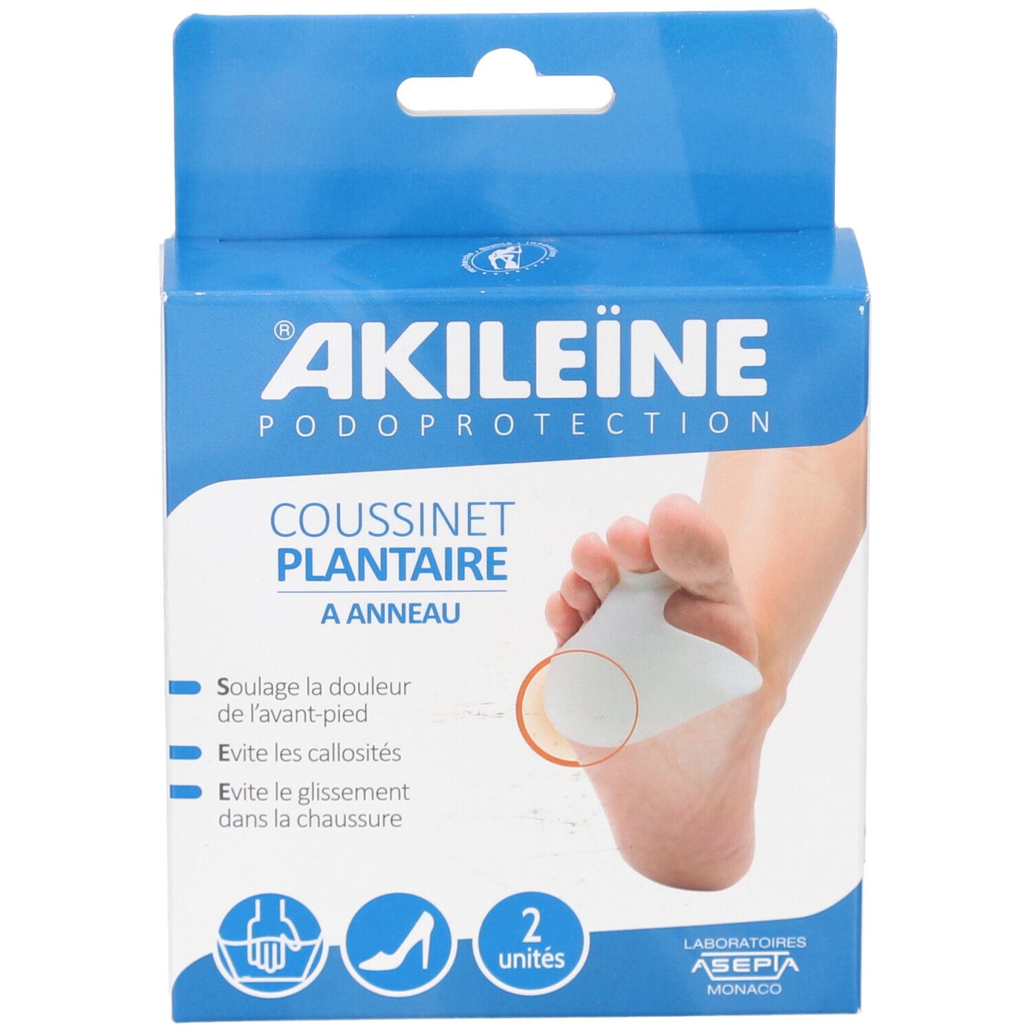 Boîte en carton avec image du produit. Texte: AKILEÏNE, PODOPROTECTION, COUSSINET PLANTAIRE A ANNEAU. 2 unités. Marquage CE.