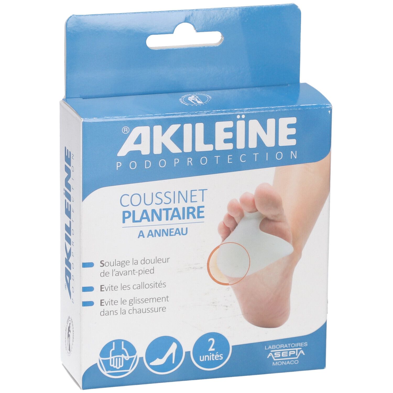 Boîte en carton avec image du produit. Texte: AKILEÏNE, PODOPROTECTION, COUSSINET PLANTAIRE A ANNEAU. 2 unités. Marquage CE.