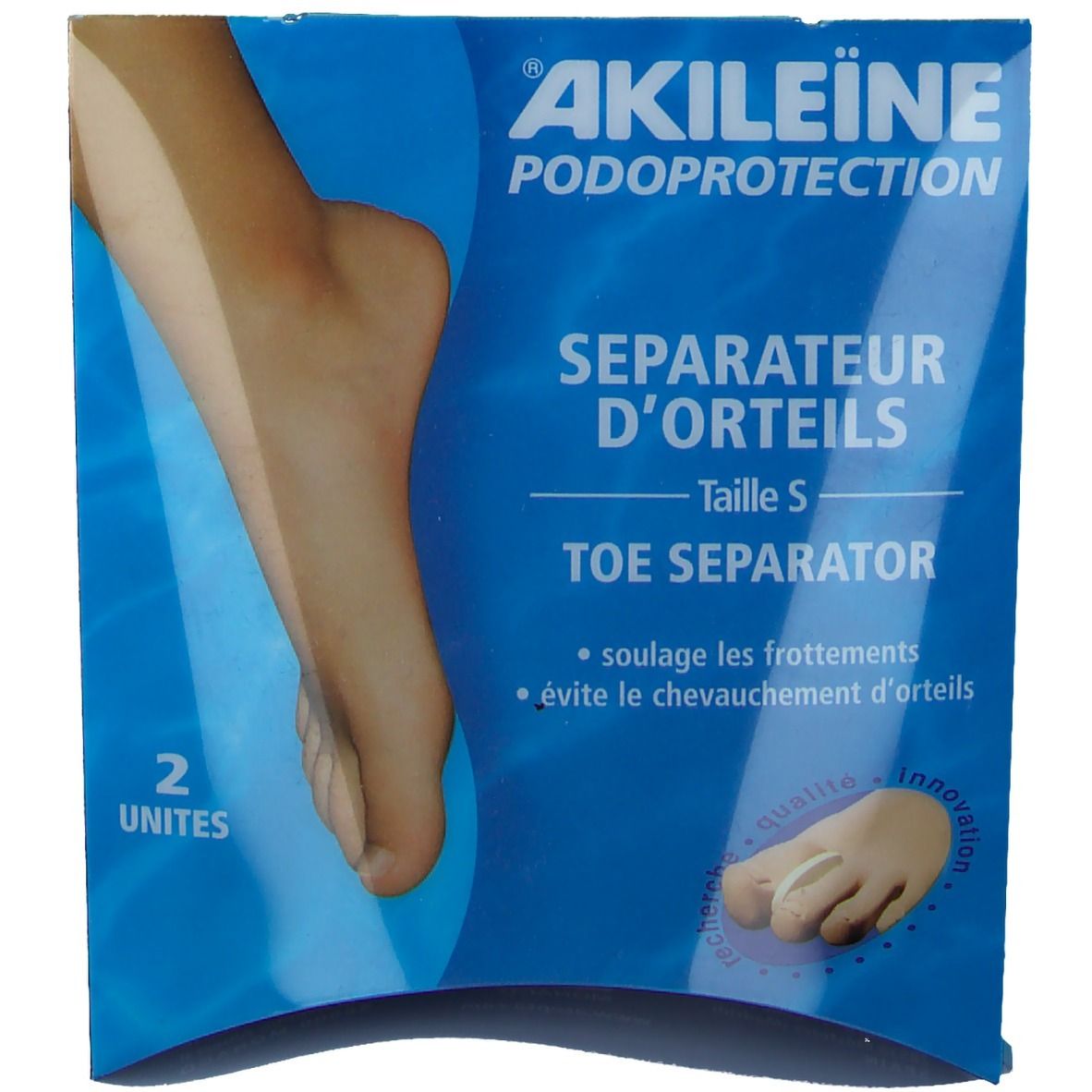 Boîte de séparateurs d'orteils. Boîte bleue avec nom du produit et illustration de pied. Contient deux séparateurs, taille S.