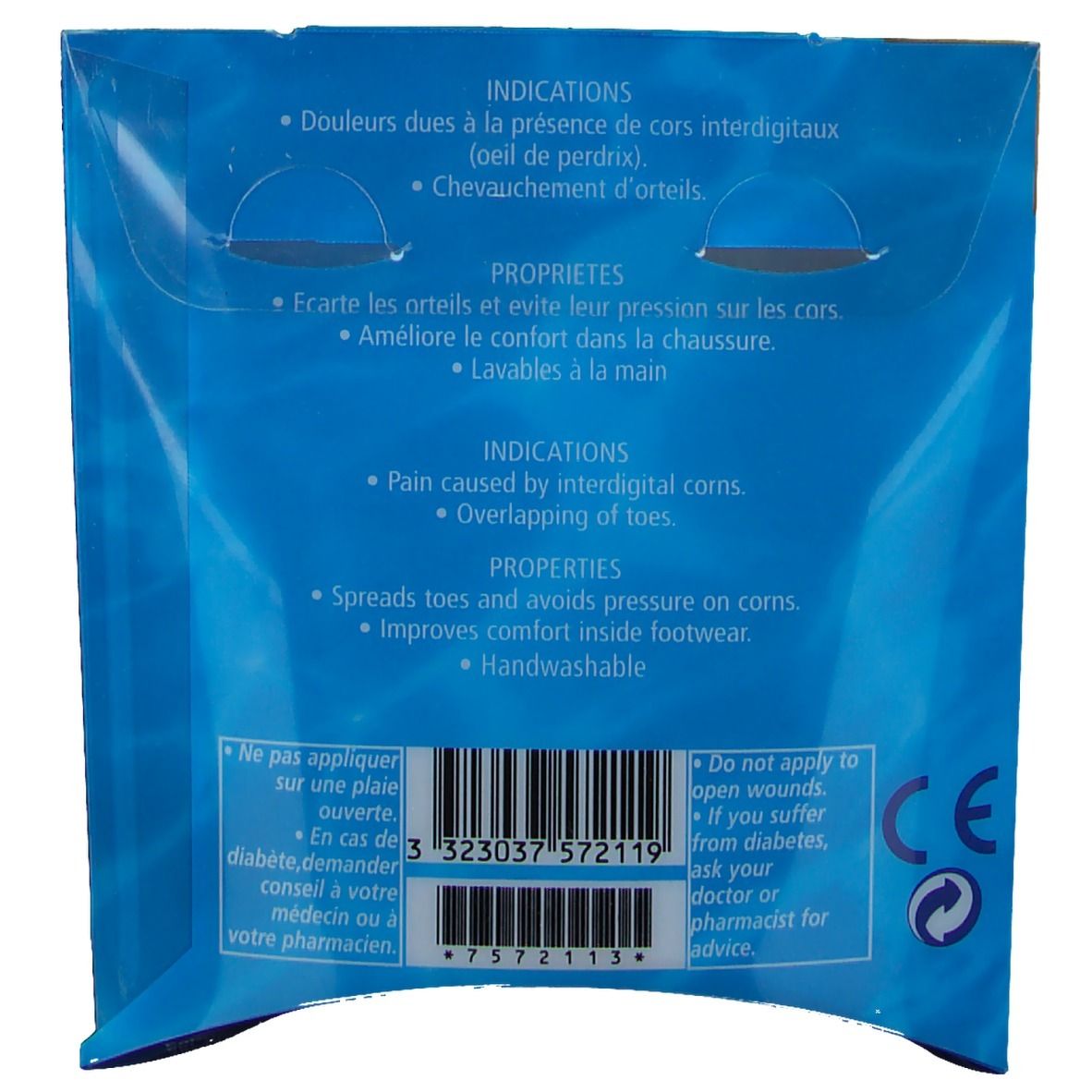 Vue latérale de l'emballage. Boîte bleue avec nom du produit et illustration de pied. Contient deux séparateurs, taille S.