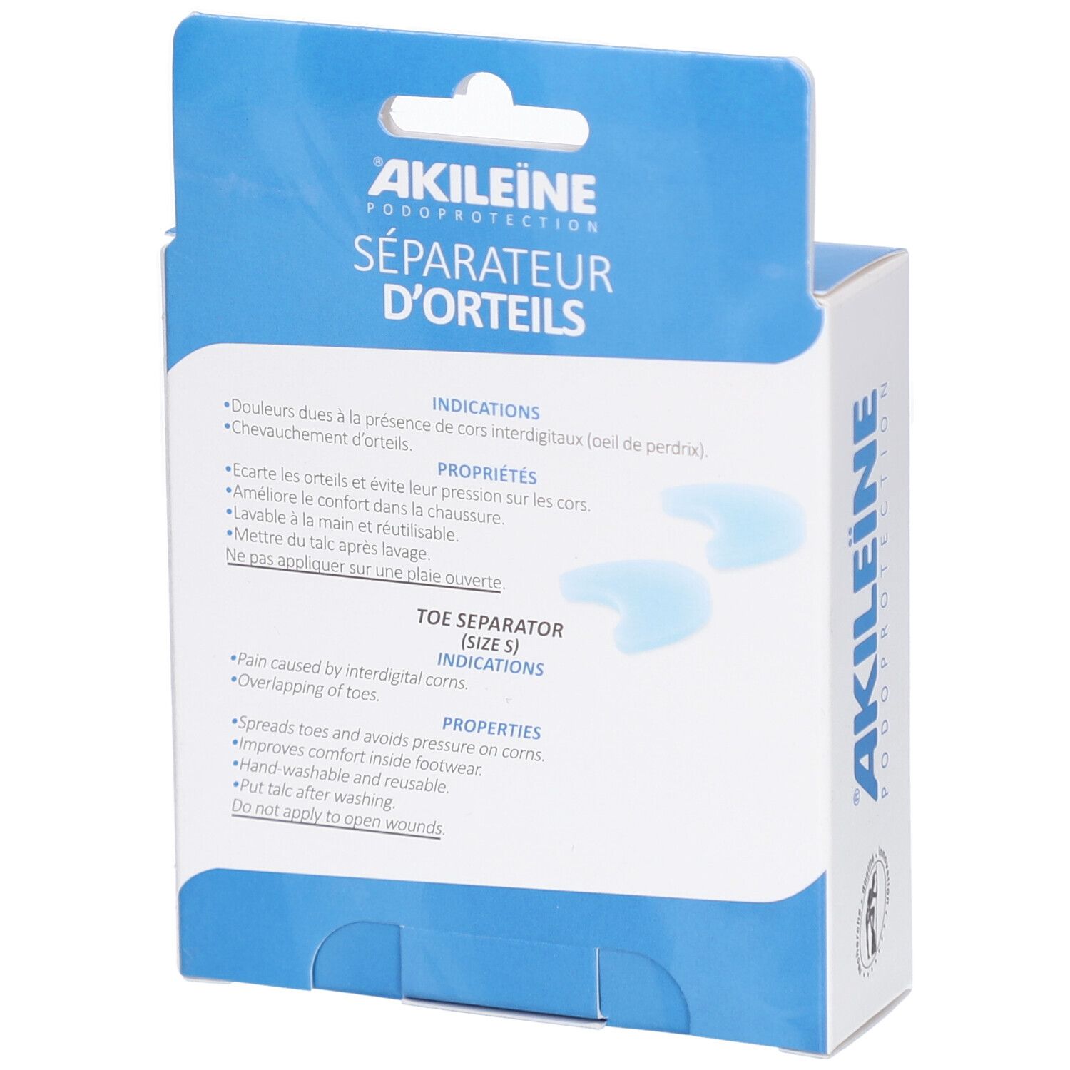 Dos de l'emballage. Boîte bleue avec informations sur le produit et deux séparateurs d'orteils. Taille S.