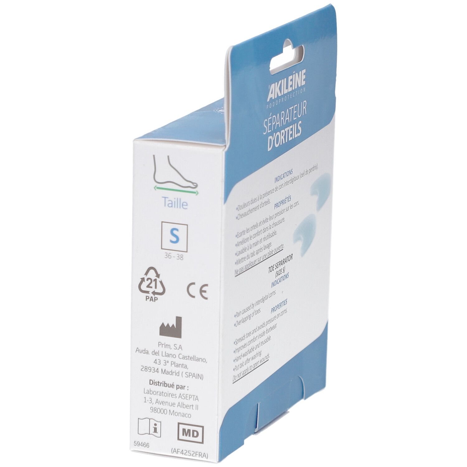 Vue latérale de l'emballage. Boîte bleue avec informations sur le produit et deux séparateurs d'orteils. Taille S.