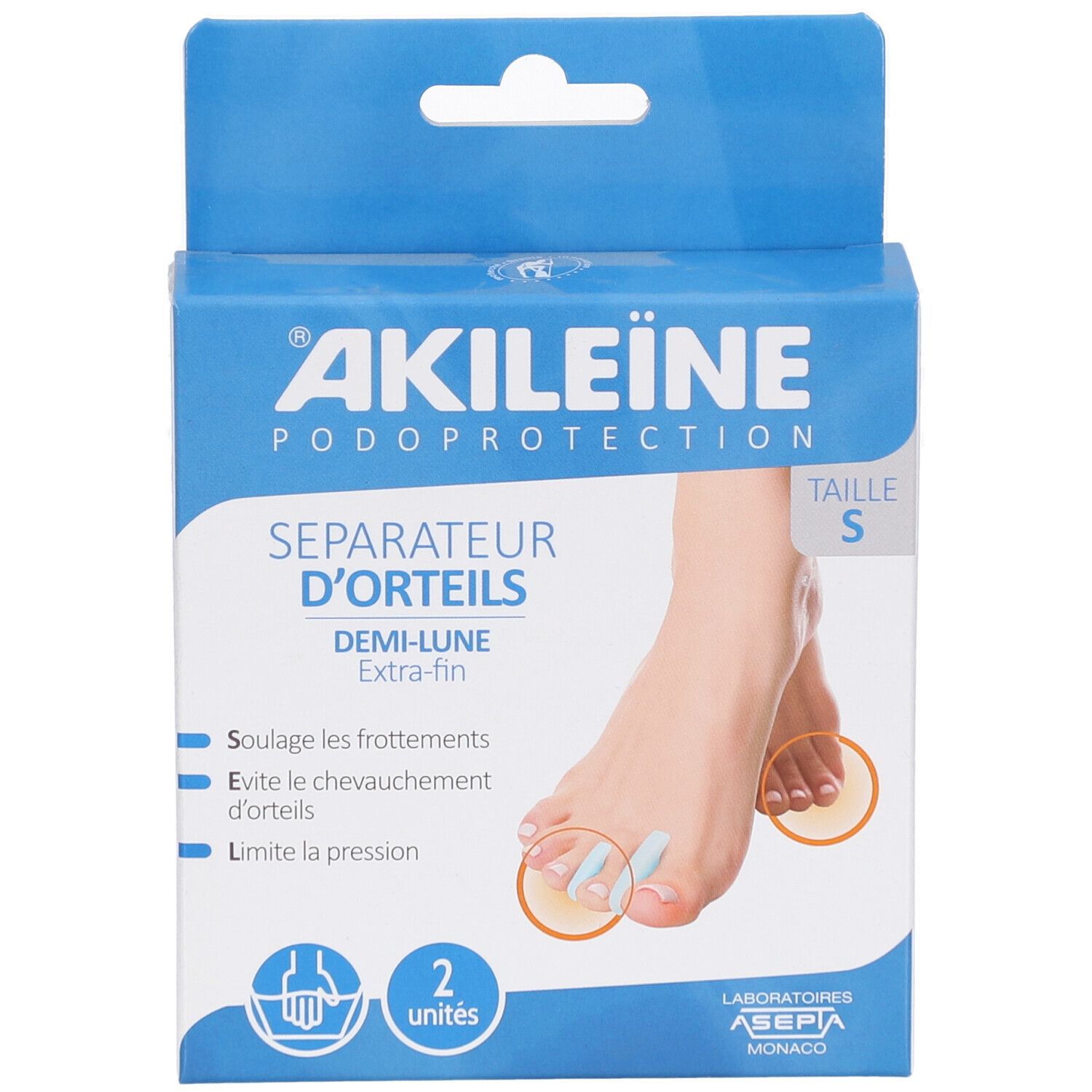 Boîte de séparateurs d'orteils. Boîte bleue avec nom du produit et illustration de pied. Contient deux séparateurs, taille S.