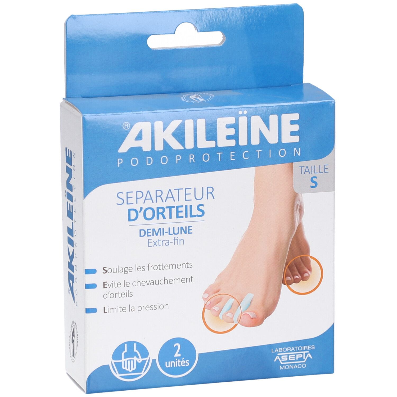 Boîte de séparateurs d'orteils. Boîte bleue avec nom du produit et illustration de pied. Contient deux séparateurs, taille S.