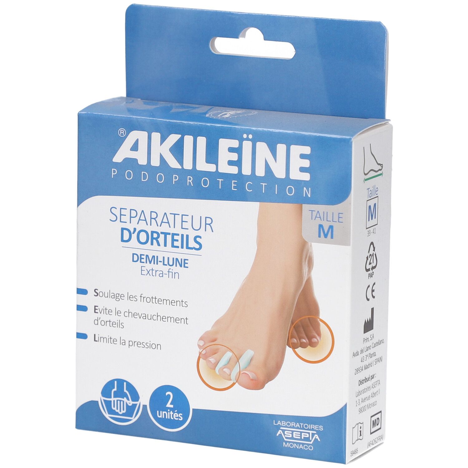 Boîte Akileine Séparateur d'Orteils demi lune, taille M. Deux séparateurs d'orteils représentés. Emballage bleu et blanc.