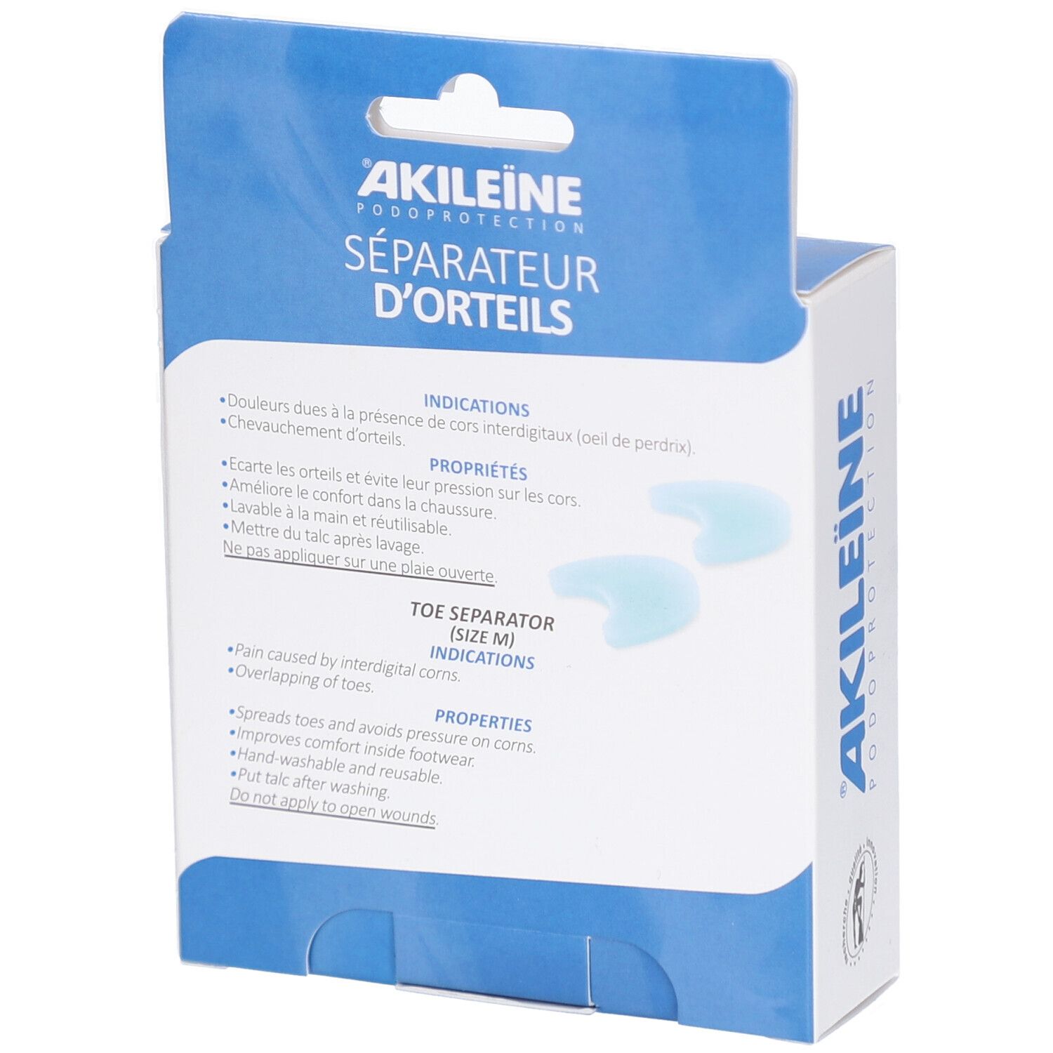 Dos de la boîte Akileine Séparateur d'Orteils. Informations produit et séparateurs d'orteils bleus représentés.
