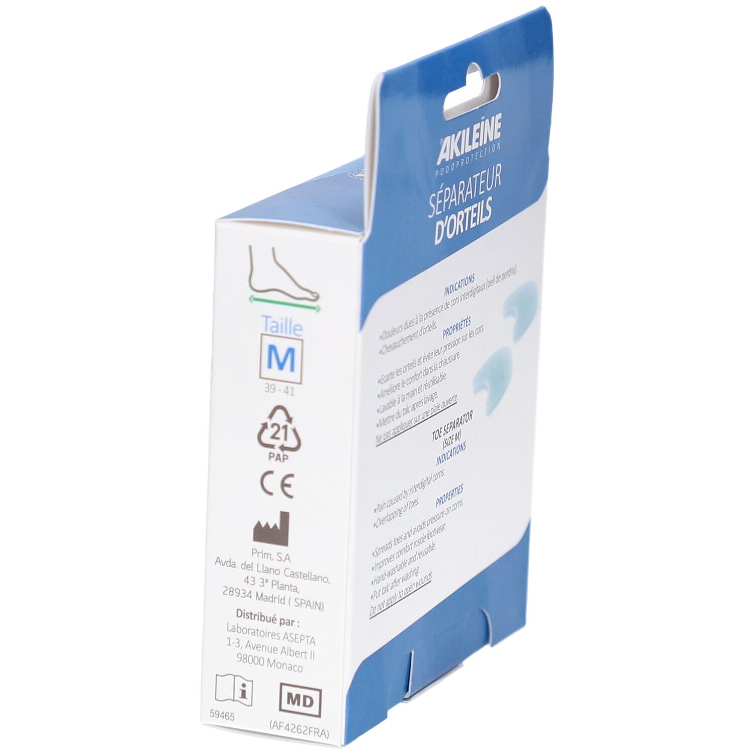 Dos de la boîte Akileine Séparateur d'Orteils. Taille M, symboles de recyclage, marquage CE.