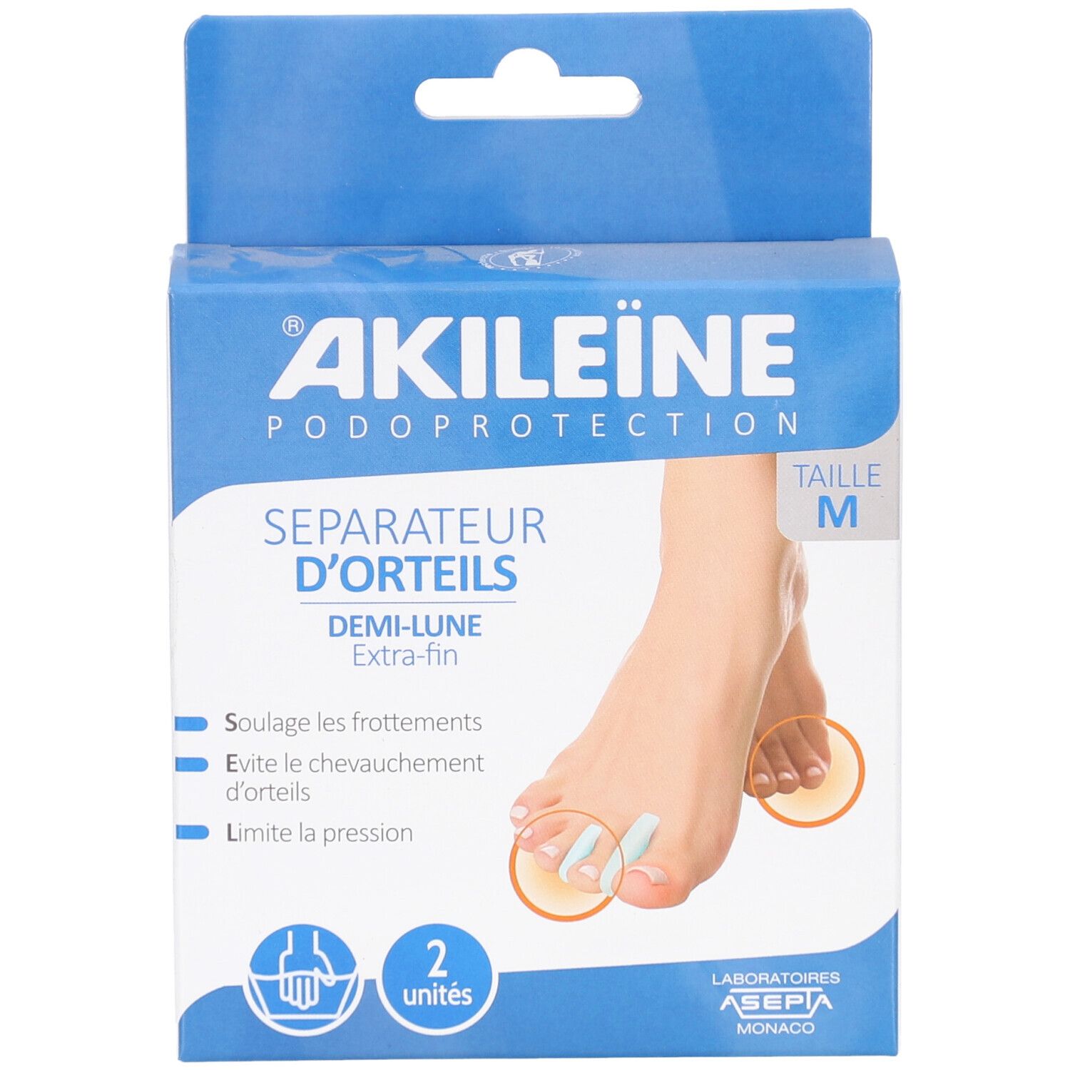 Boîte Akileine Séparateur d'Orteils demi lune, taille M. Deux séparateurs d'orteils représentés. Emballage bleu et blanc.