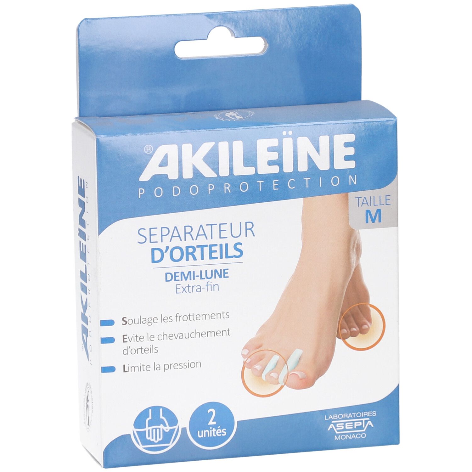 Boîte Akileine Séparateur d'Orteils demi lune, taille M. Deux séparateurs d'orteils représentés. Emballage bleu et blanc.