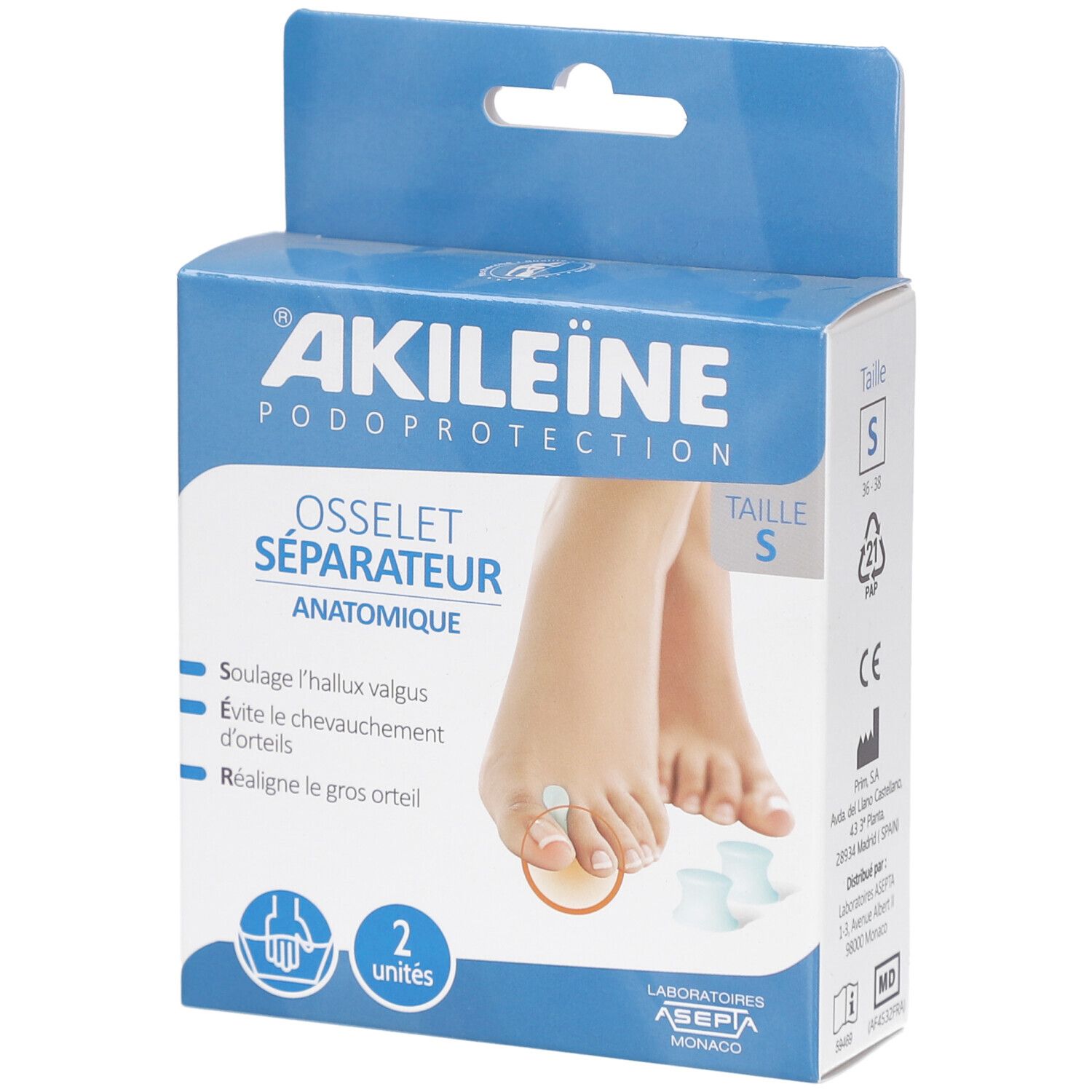 Boîte Akileine Osselet Séparateur, taille S. Modèle de pied avec le produit. Contient deux unités.