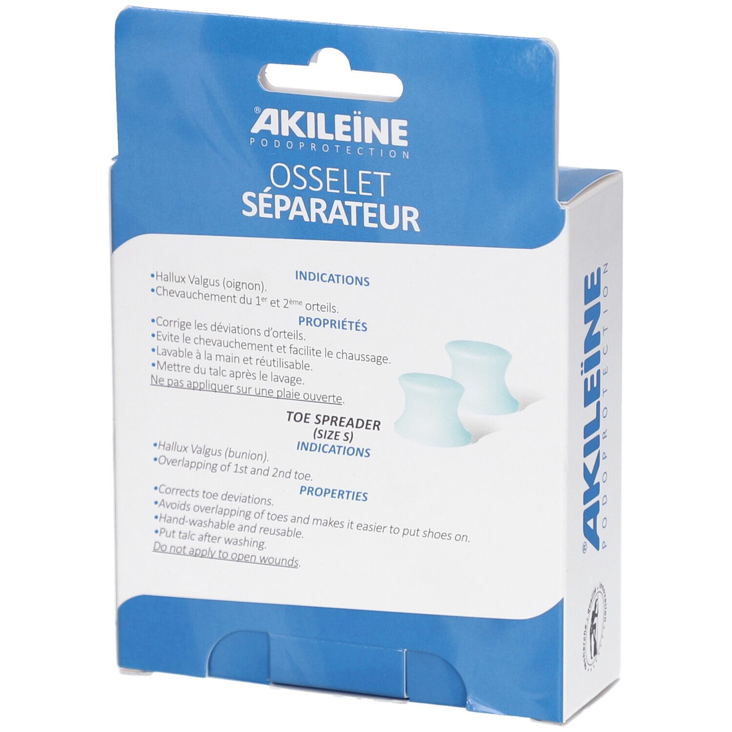 Dos de la boîte Akileine Osselet Séparateur. Informations et propriétés du produit en anglais.