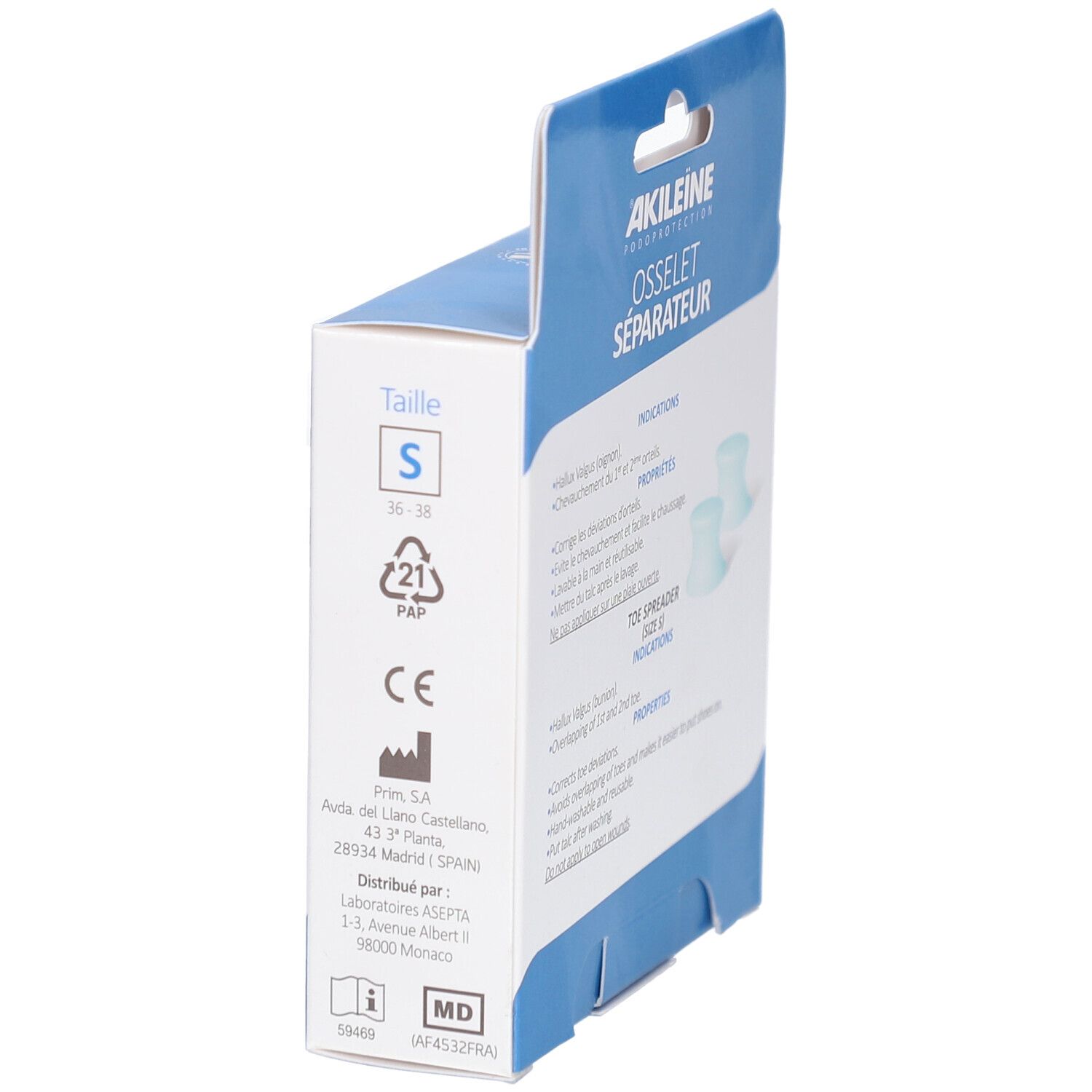 Vue latérale de la boîte Akileine Osselet Séparateur, taille S. Avec marquage CE et autres symboles.