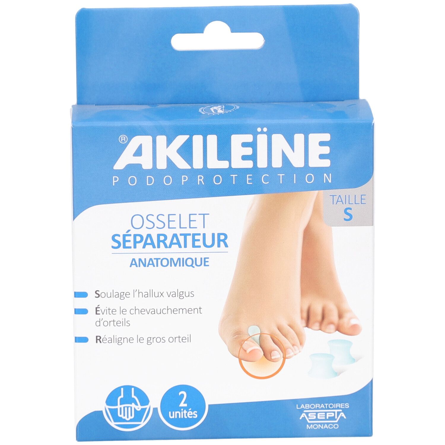 Boîte Akileine Osselet Séparateur, taille S. Vue de face. Nom du produit et logo visibles.