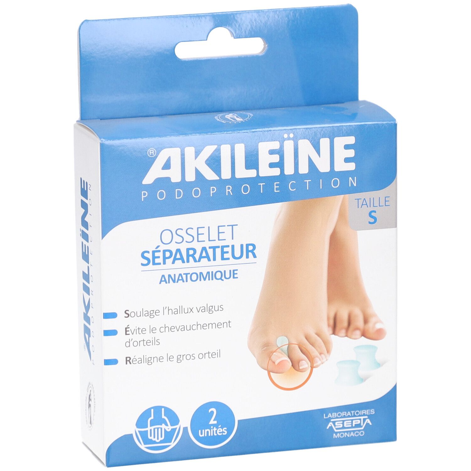 Boîte Akileine Osselet Séparateur, taille S. Vue de face. Nom du produit et logo visibles.