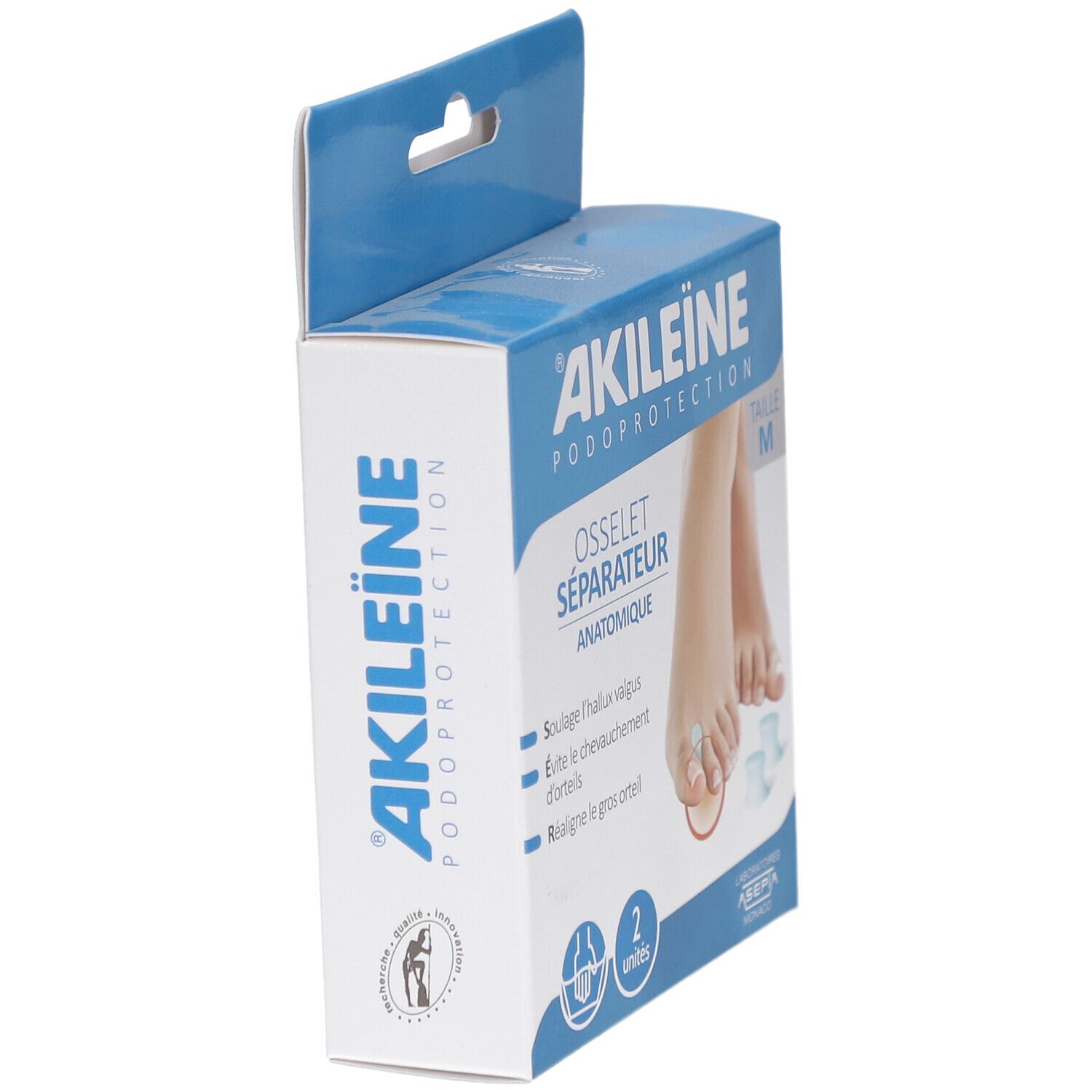 Boîte Akileine Osselet Séparateur taille M en biais. Nom et logo du produit visibles. Emballage bleu et blanc.