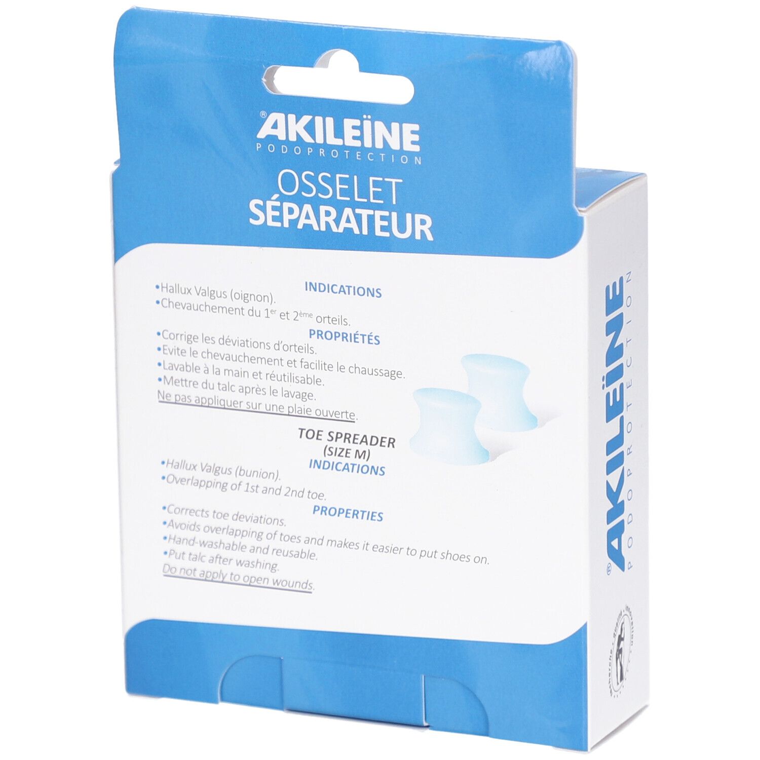 Dos de la boîte Akileine Osselet Séparateur. Informations sur les propriétés et indications. Taille M.