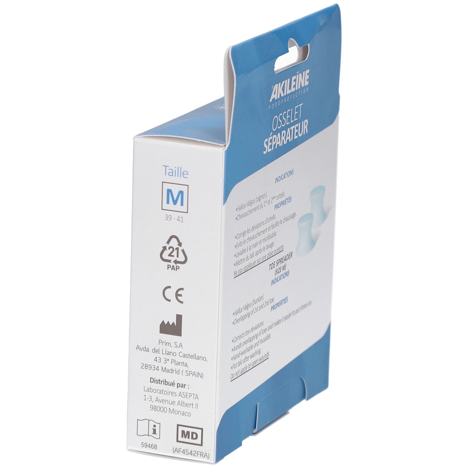 Boîte Akileine Osselet Séparateur taille M en biais. Informations sur la taille, le fabricant et les certifications.