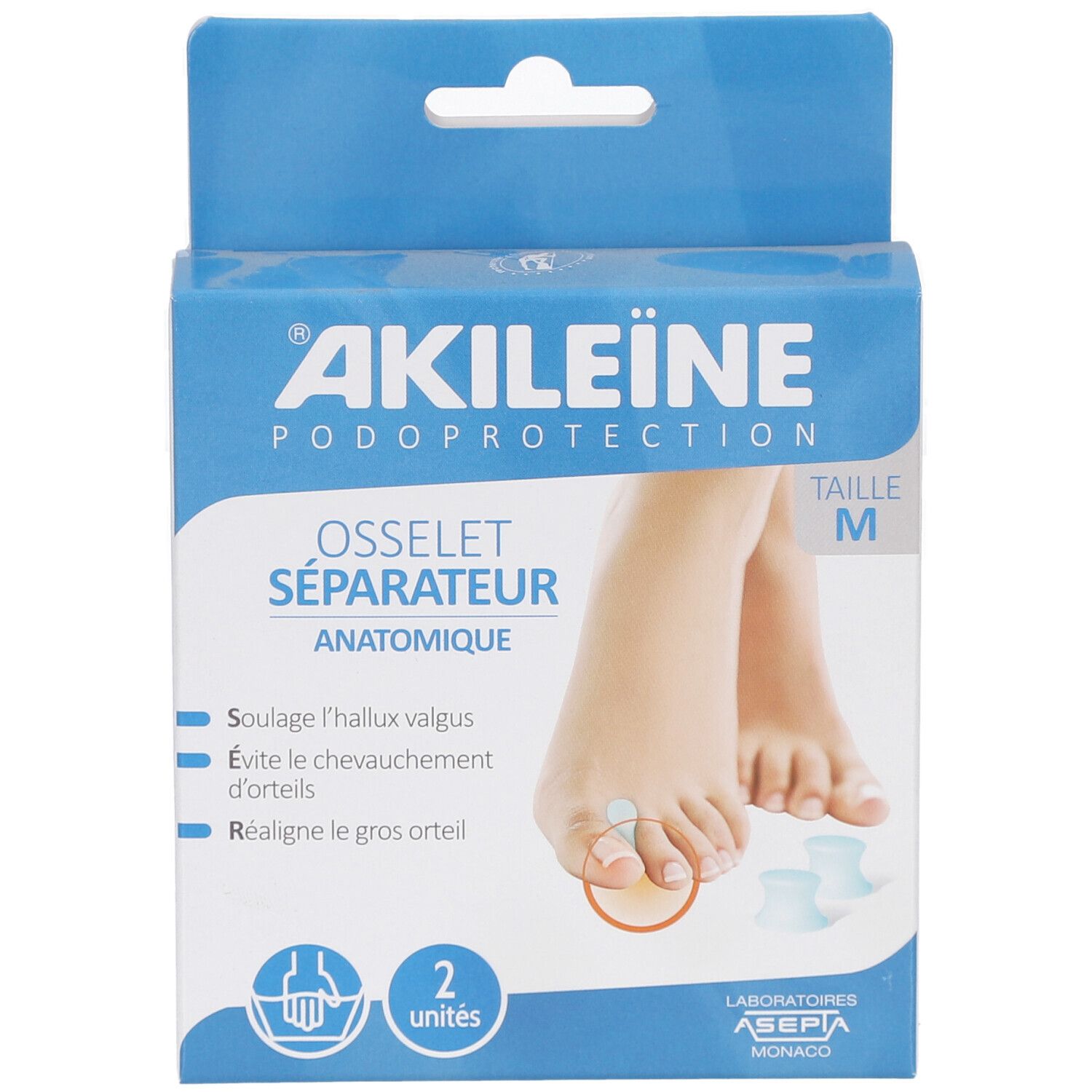 Boîte Akileine Osselet Séparateur taille M. Montre des pieds avec séparateurs d'orteils. Emballage bleu avec nom et logo du produit.