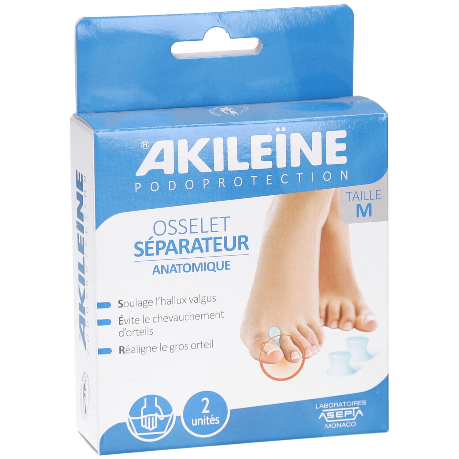 Boîte Akileine Osselet Séparateur taille M. Montre des pieds avec séparateurs d'orteils. Emballage bleu avec nom et logo du produit.