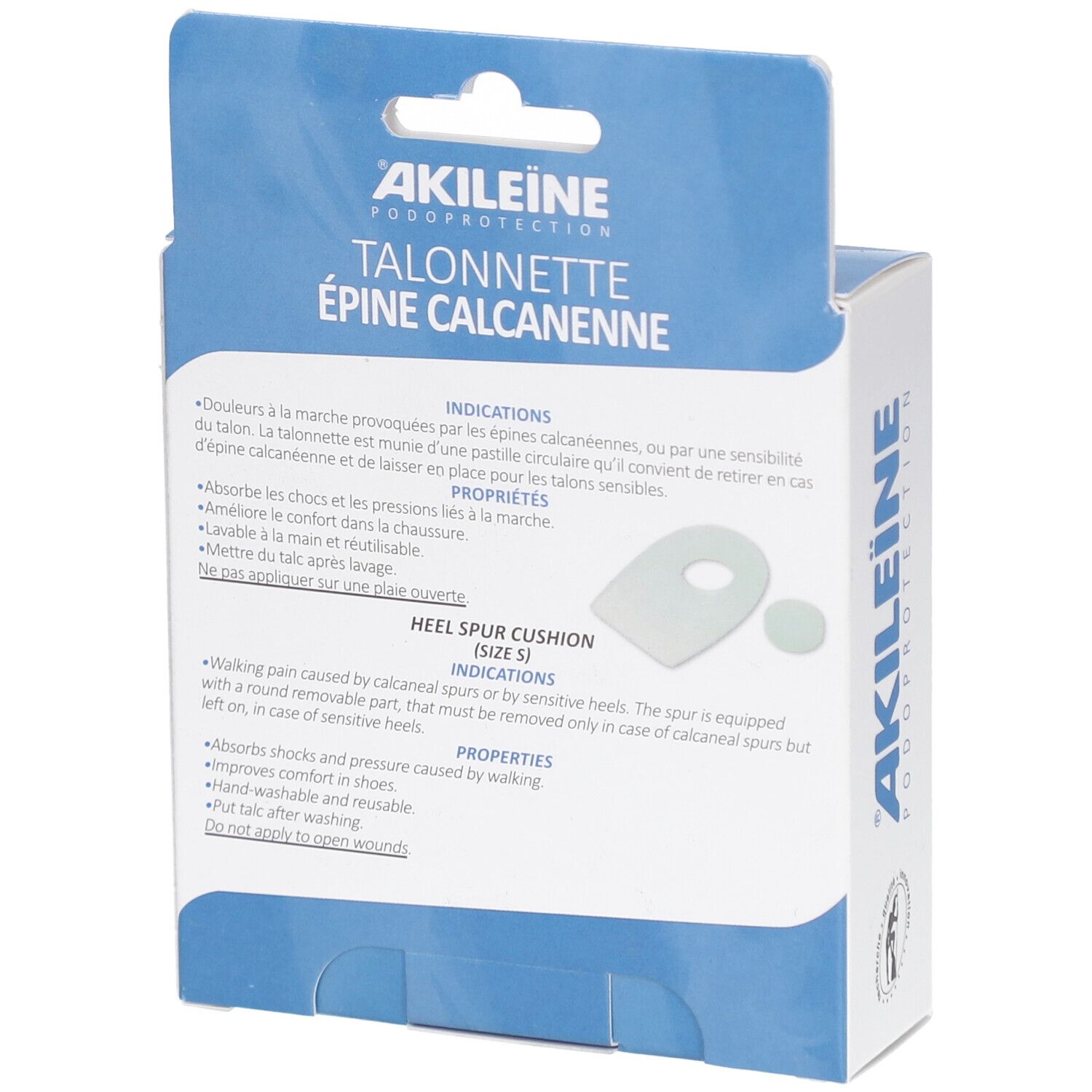 Dos de la boîte. Texte : AKILEINE, Podoprotection, Talonnette Épine Calcanéenne, Heel Spur Cushion (TAILLE S).