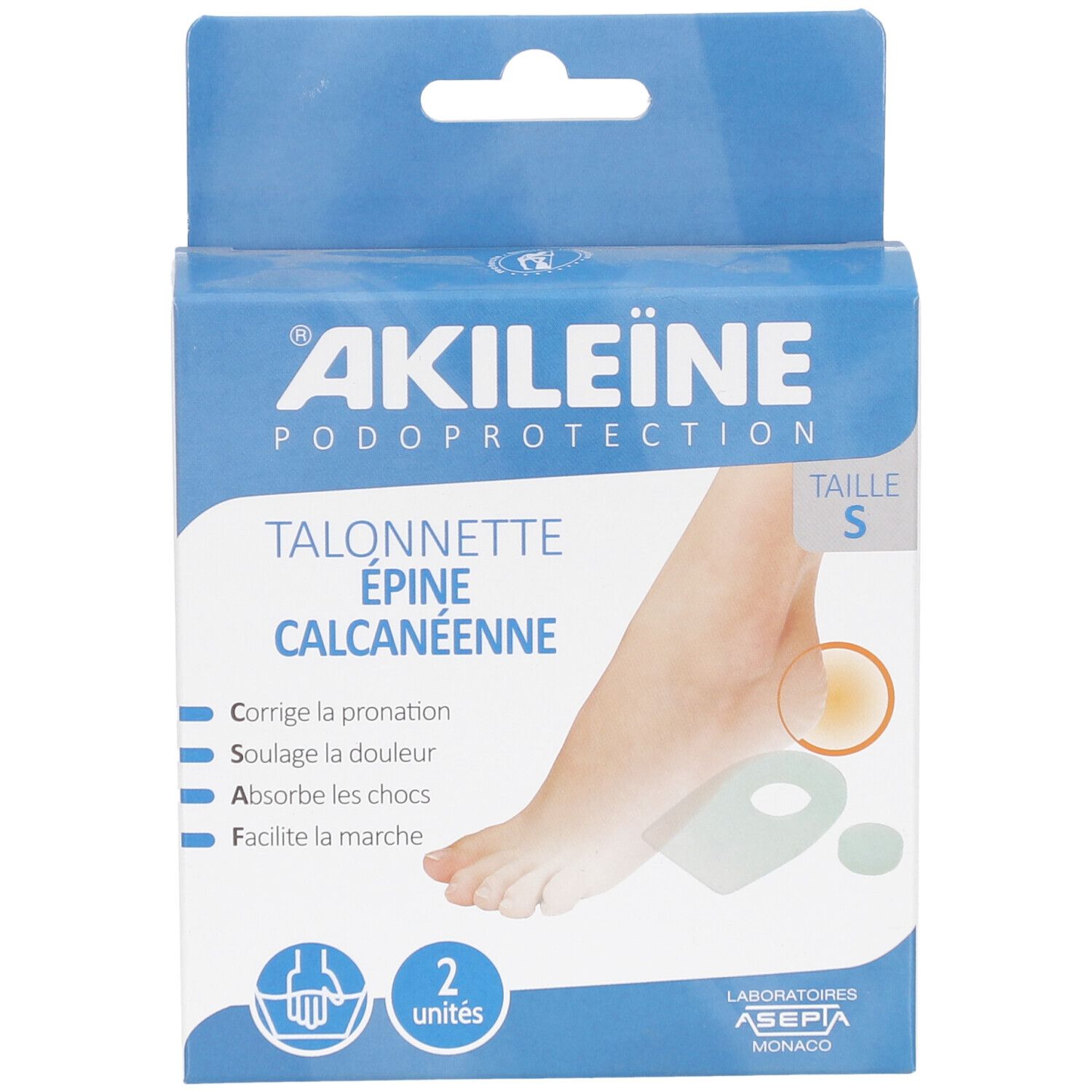 Boîte en carton. Inscription : AKILEINE, Podoprotection, Talonnette Épine Calcanéenne. Taille S. Deux coussinets pour talons.