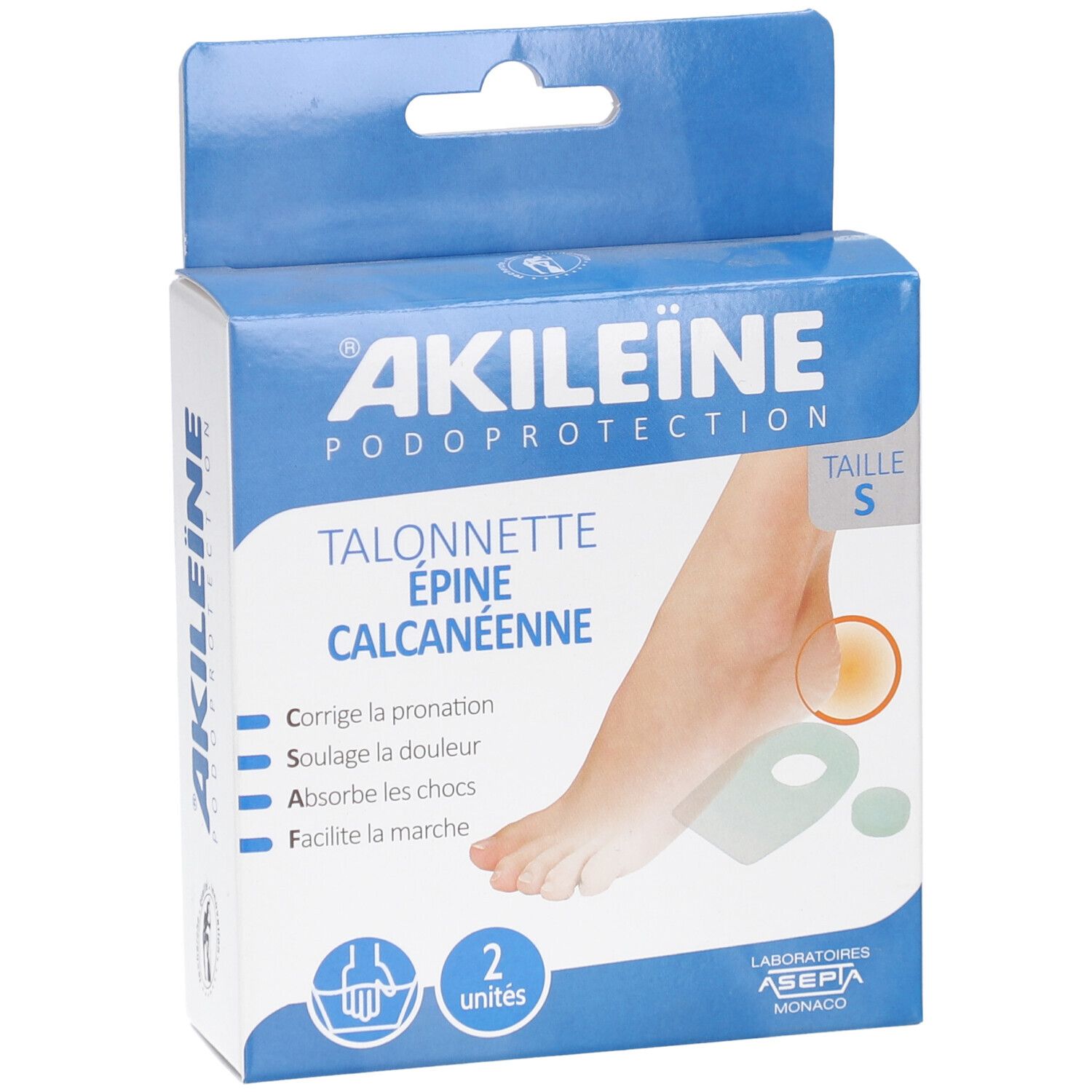Boîte en carton. Inscription : AKILEINE, Podoprotection, Talonnette Épine Calcanéenne. Taille S. Deux coussinets pour talons.
