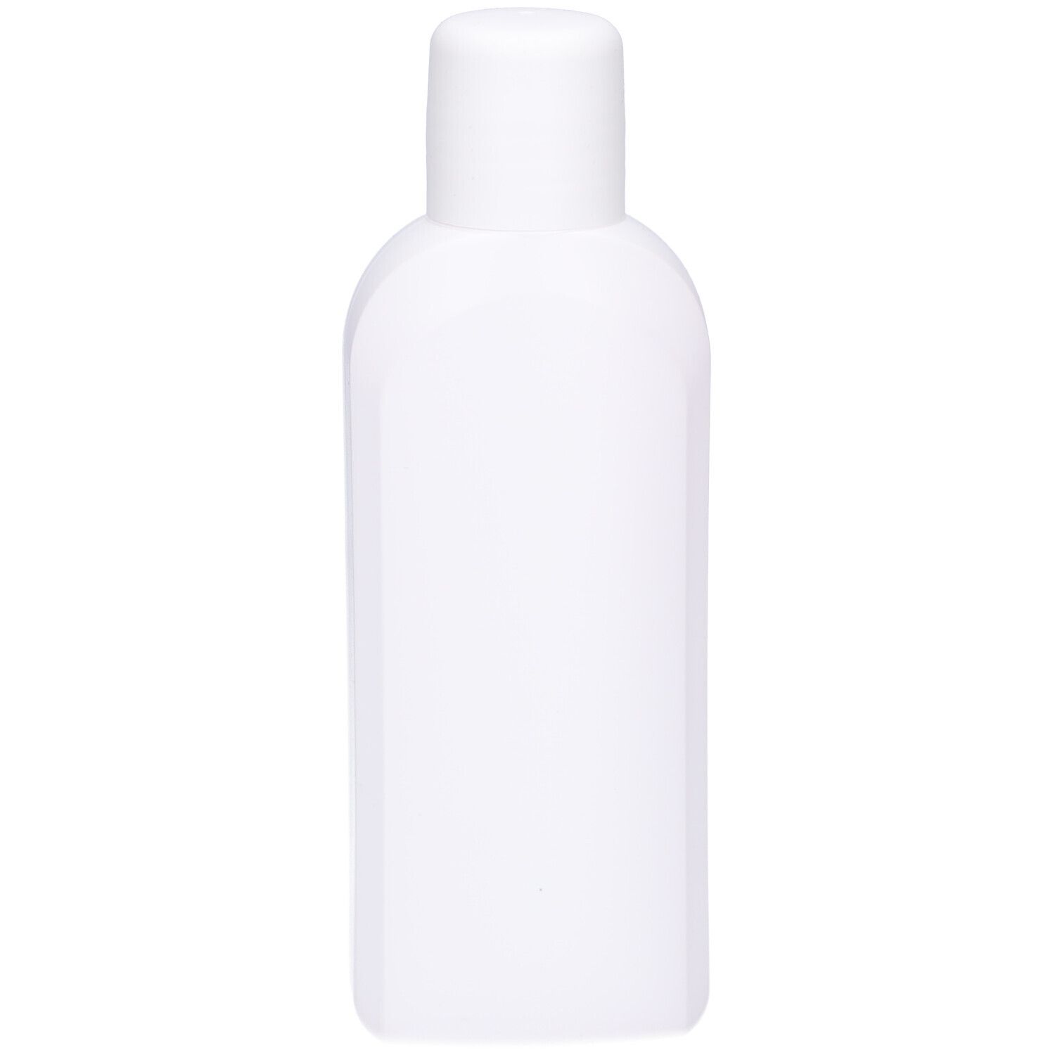 Flacon blanc rectangulaire aux coins arrondis, avec bouchon blanc.