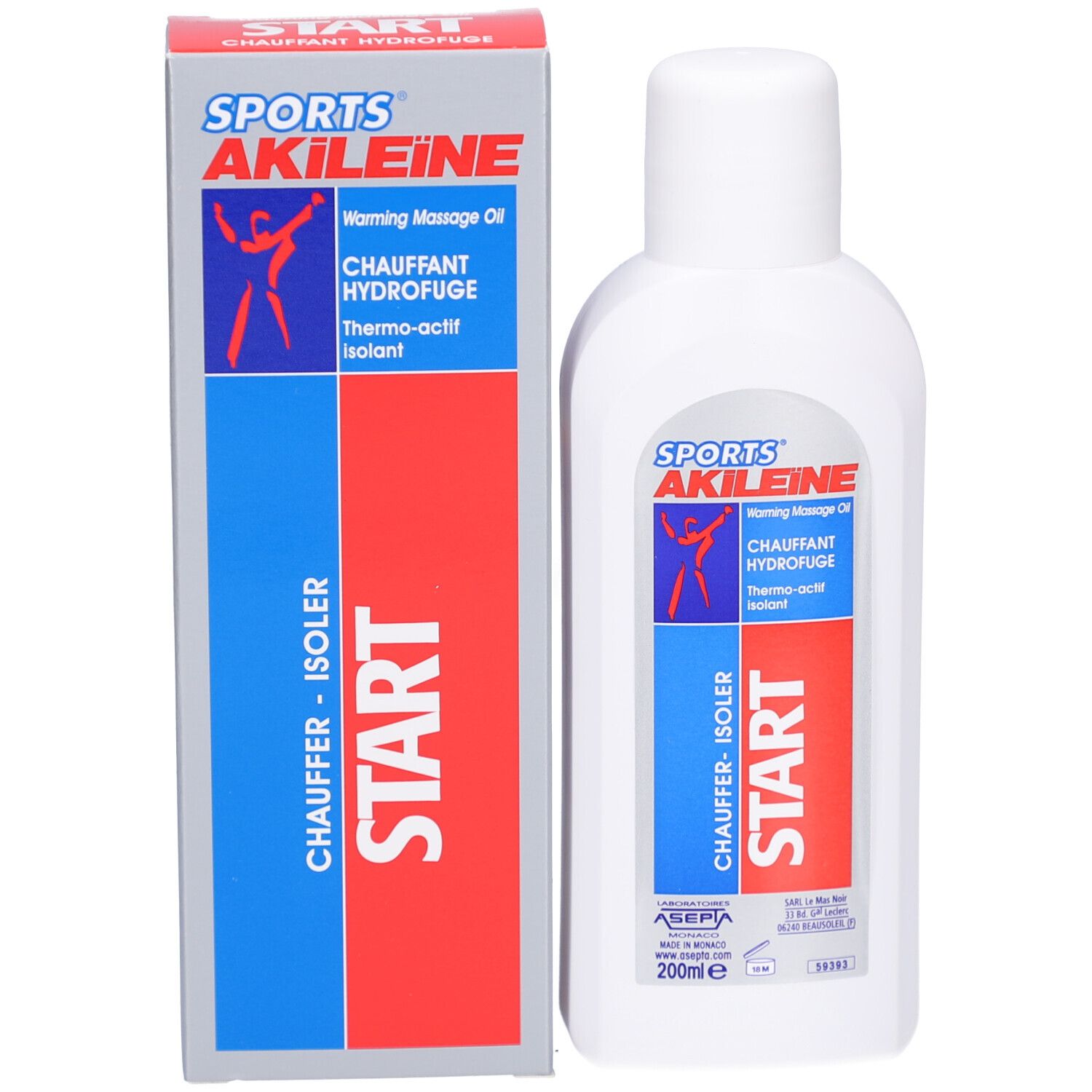 Flacon et emballage. Flacon blanc avec emballage rouge et bleu. Inscription : SPORTS AKILEINE START.