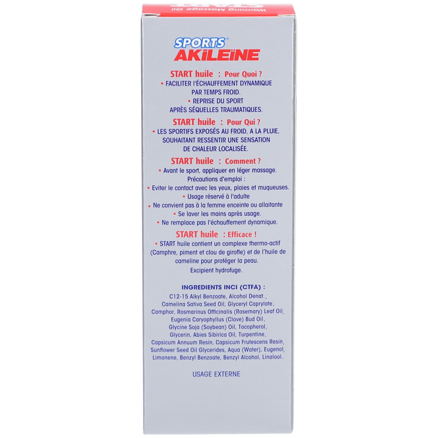 Côté de l'emballage. Texte en français. Contient des informations sur les ingrédients et l'utilisation.