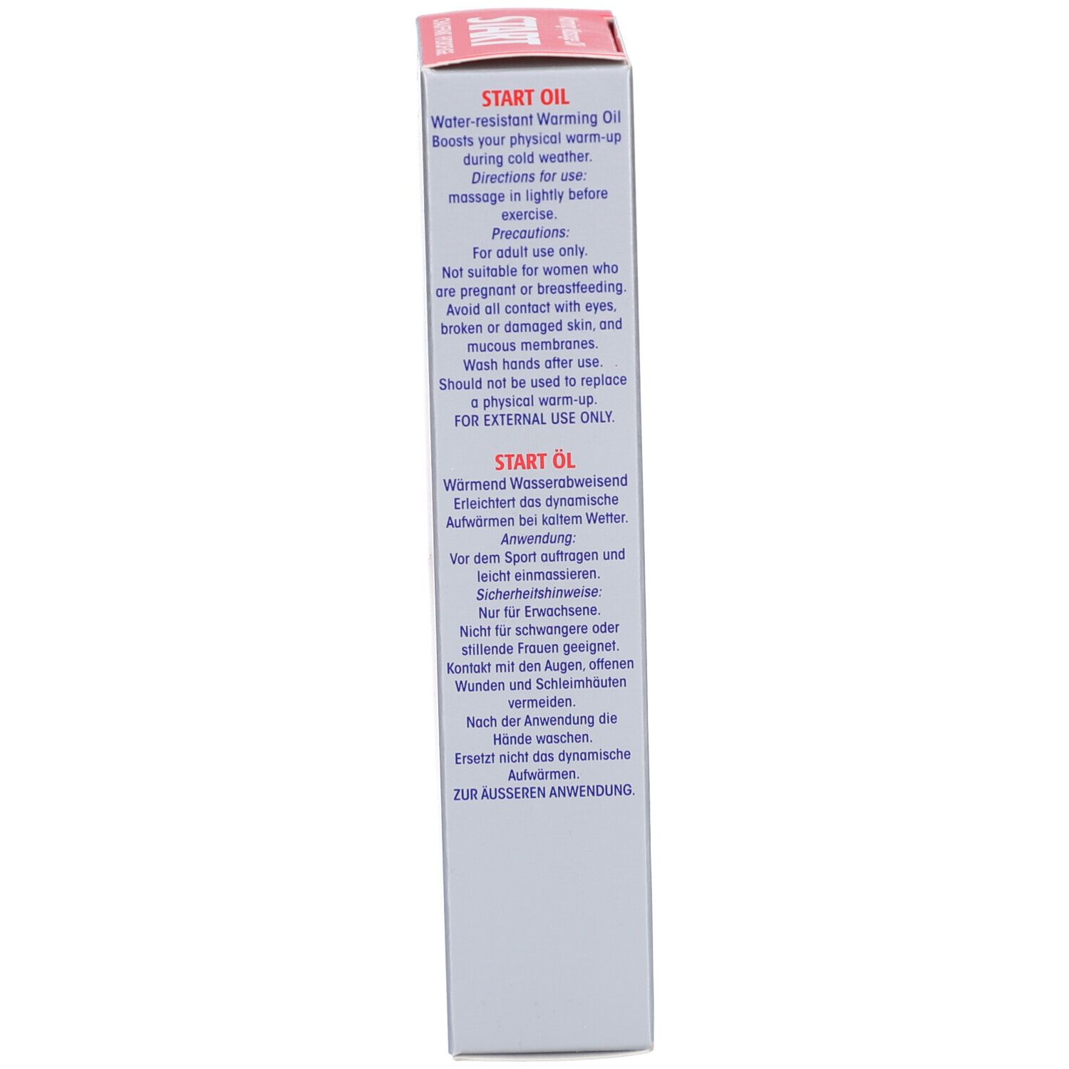 Côté de l'emballage. Texte en anglais et allemand. Informations sur l'utilisation et les précautions.