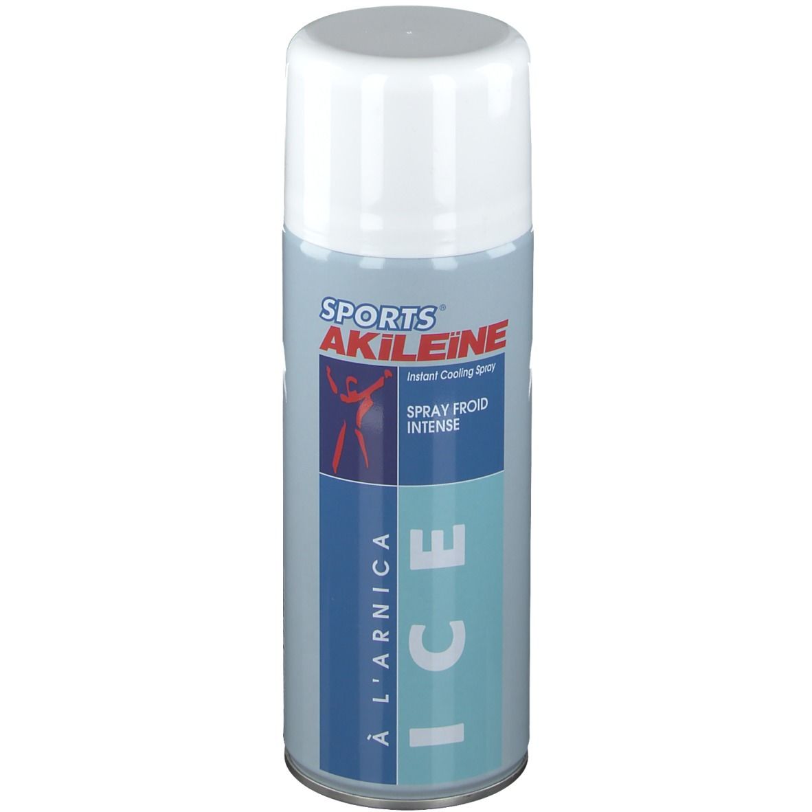 Bombe aérosol avec bouchon blanc. Inscription: SPORTS AKILEINE, ICE, Spray Froid Intense. Illustration d'une personne.