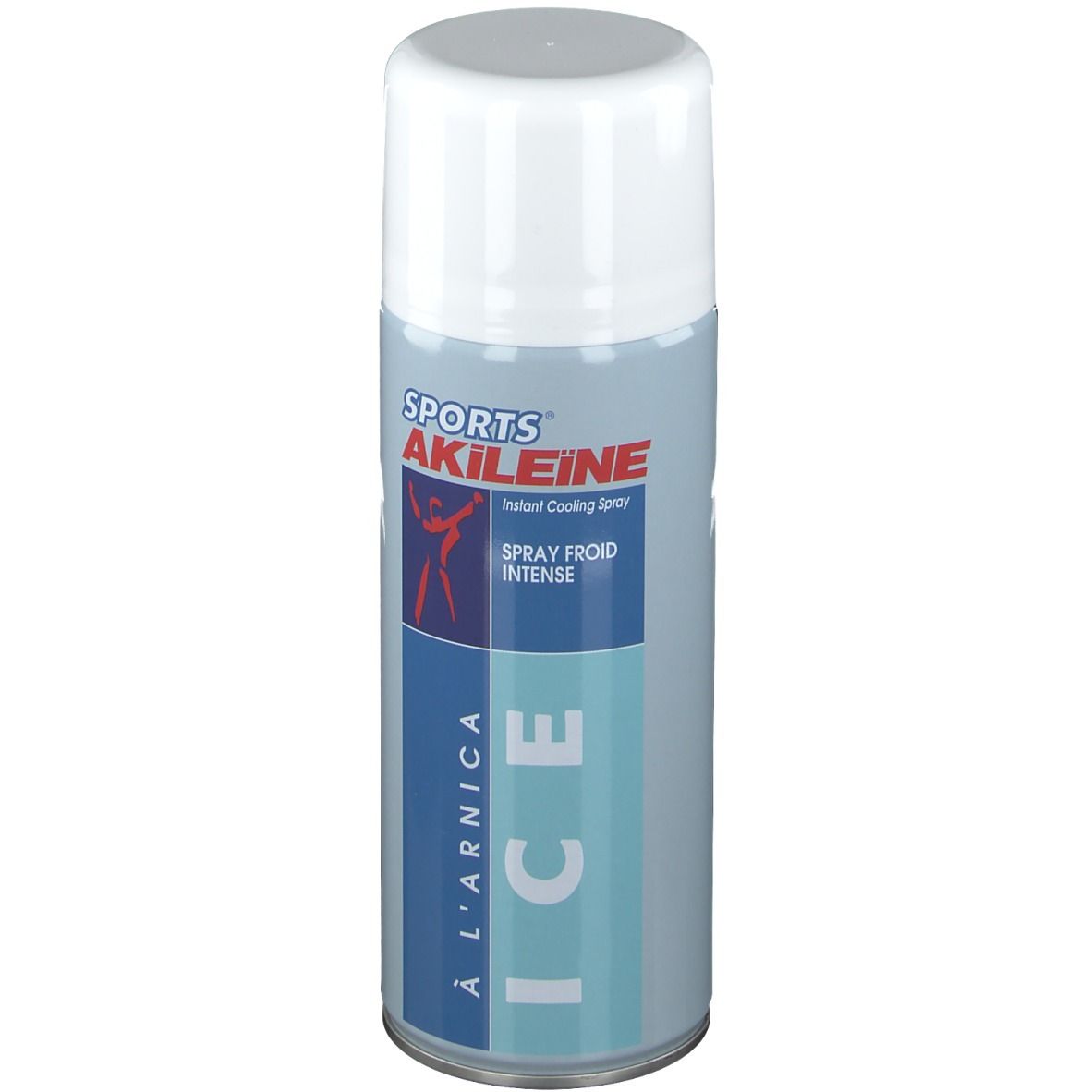 Bombe aérosol avec bouchon blanc. Inscription: SPORTS AKILEINE, ICE, Spray Froid Intense. Illustration d'une personne.
