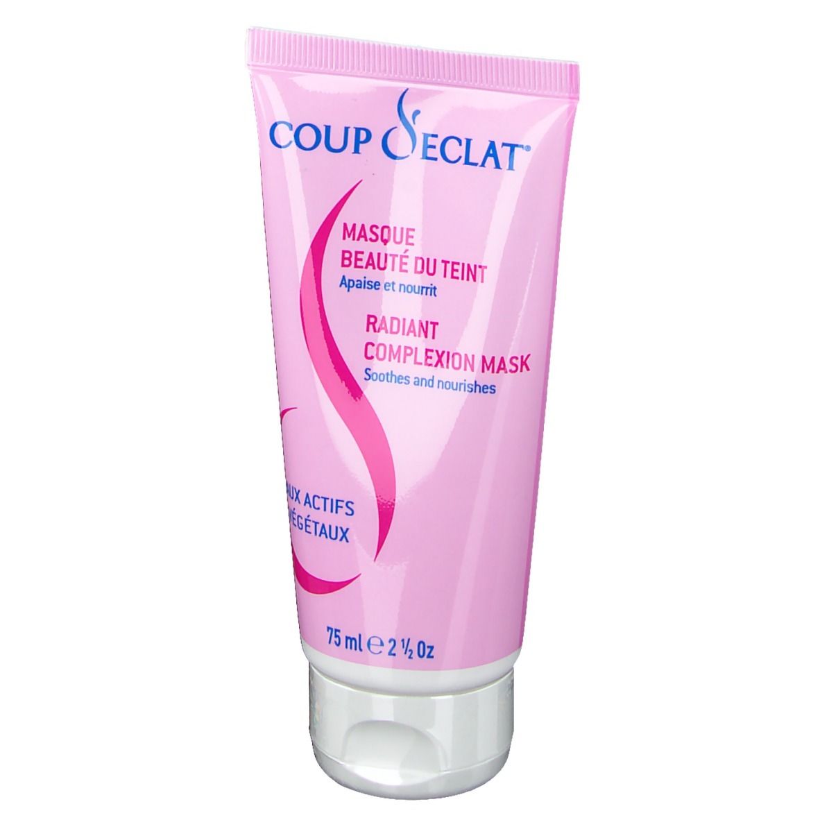 Tube rose, bouchon blanc. Texte: Coup d'Éclat Maske, Radiant Complexion Mask. 75 ml. Ligne rose incurvée.