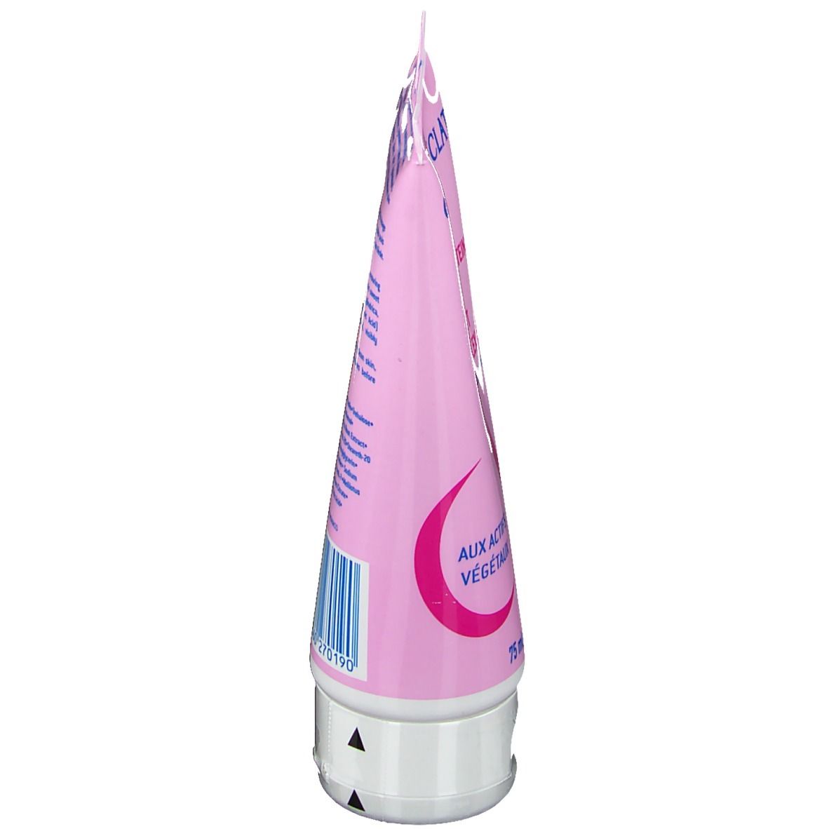 Tube rose, bouchon blanc. Texte: Akileine Coup d'Éclat Maske. Ingrédients et informations fabricant. Marquage vert et blanc.