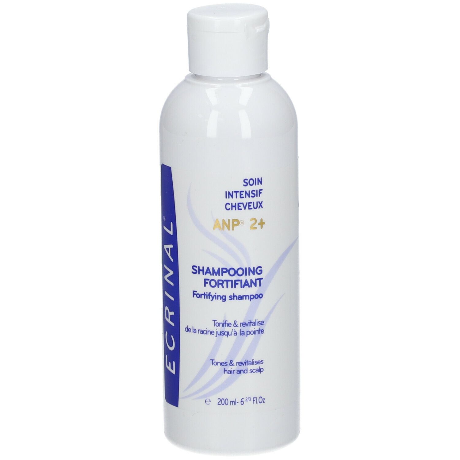 Flacon blanc avec étiquette bleue. Inscription "SHAMPOOING FORTIFIANT".