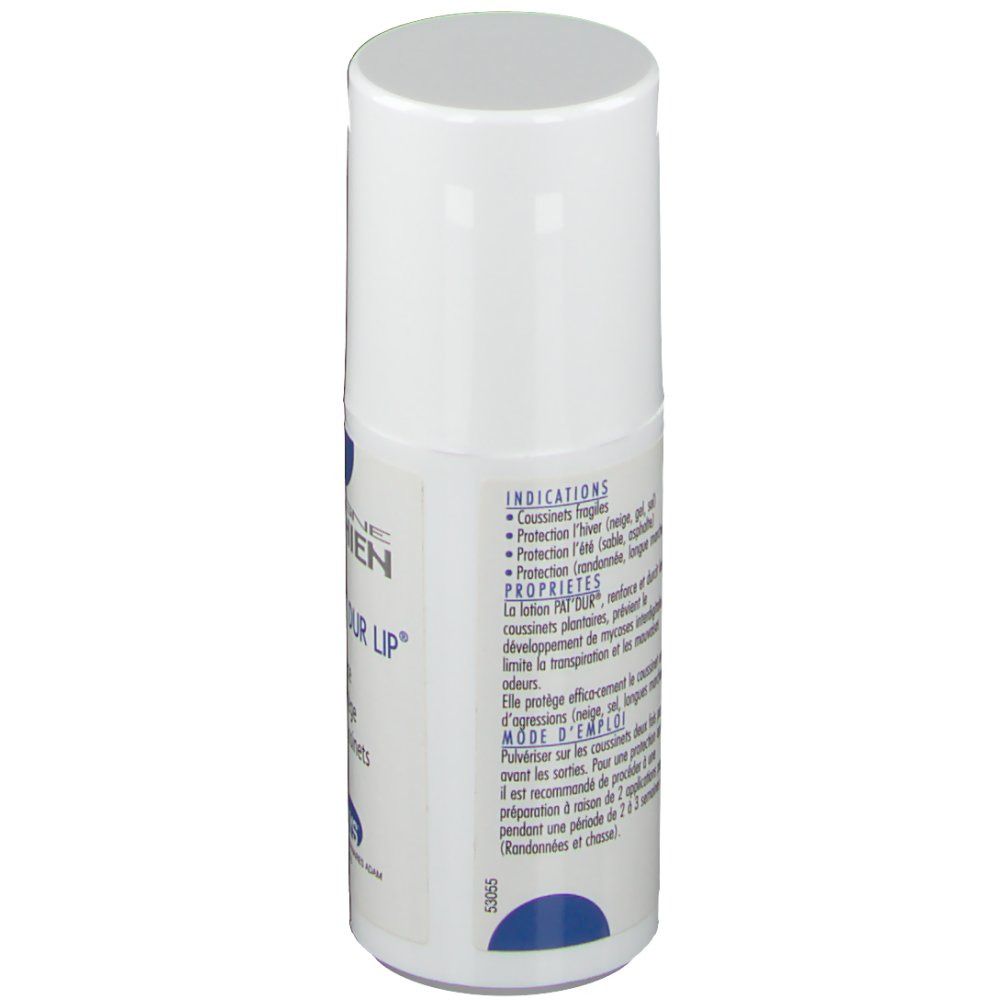 Flacon blanc avec marquage bleu. Texte: CANYS® Pat'dur Lip®. Informations produit en français.