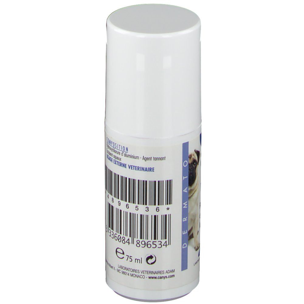 Flacon blanc avec étiquette bleue. Texte: CANYS® Dermatologie. Image d'un bouledogue.