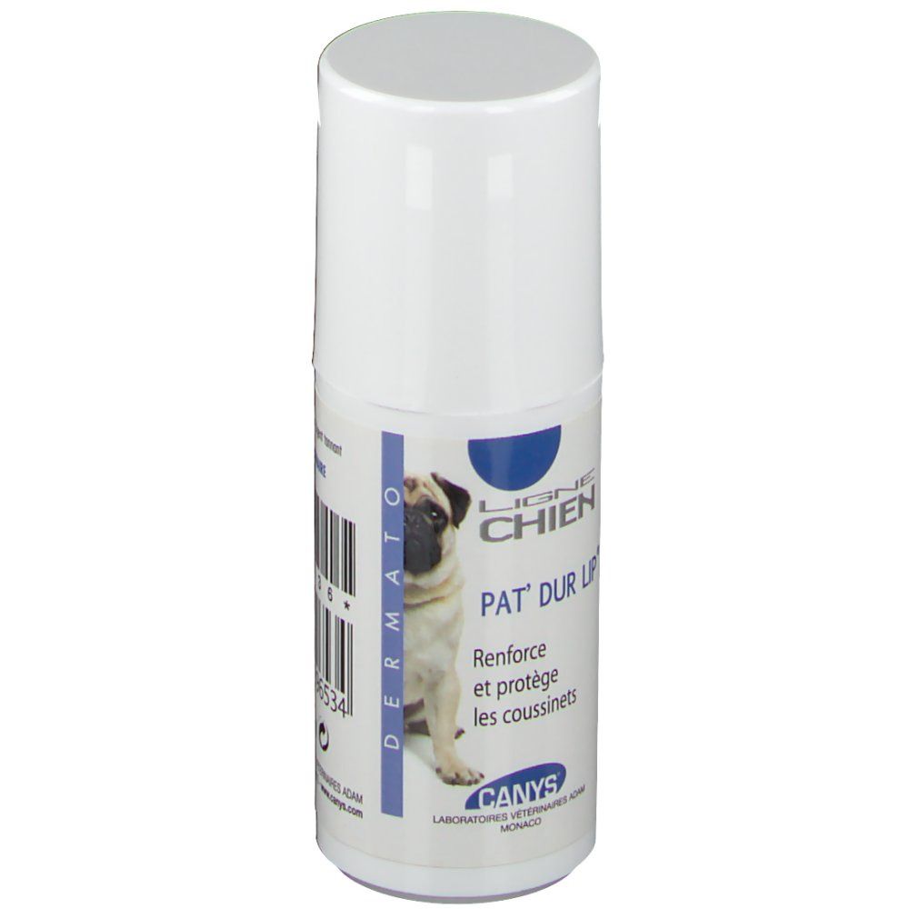 Flacon blanc avec étiquette bleue. Texte: CANYS® Pat'dur Lip®. Image d'un bouledogue.