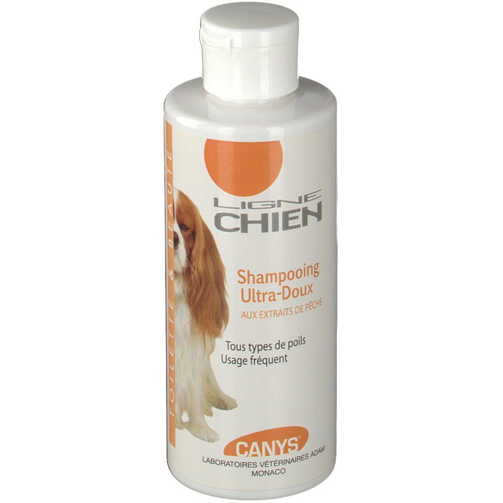 Flacon blanc avec bouchon blanc. Étiquette avec photo de chien et texte : LIGNE CHIEN, Shampooing Ultra-Doux, CANYS.
