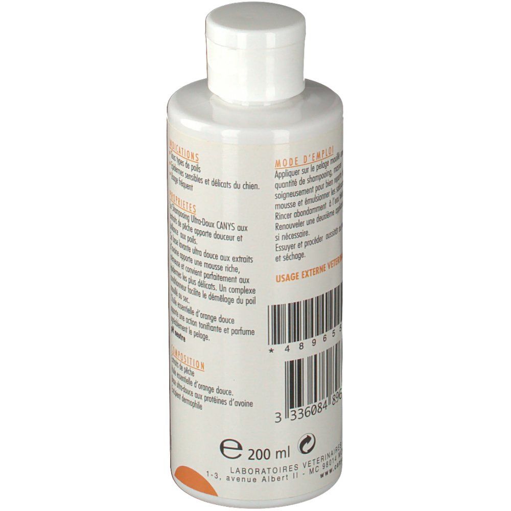 Flacon blanc avec bouchon blanc. Étiquette avec texte : LIGNE CHIEN, Mode d'emploi, 200 ml, code-barres.