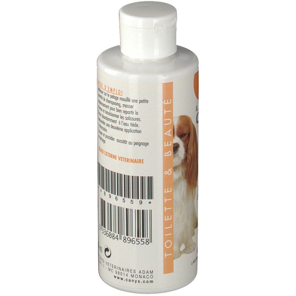 Flacon blanc avec bouchon blanc. Étiquette avec texte : TOILETTE & BEAUTÉ, code-barres, CANYS.