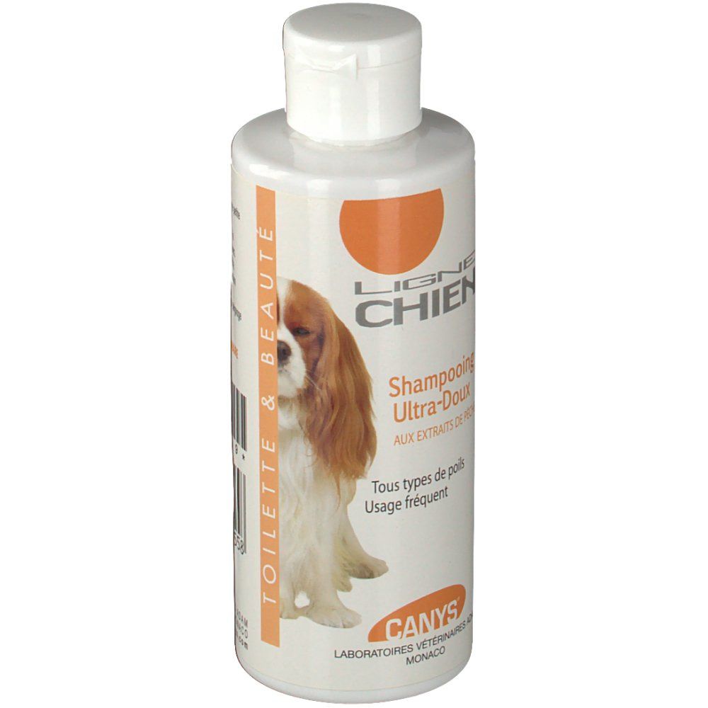 Flacon blanc avec bouchon blanc. Étiquette avec photo de chien et texte : LIGNE CHIEN, Shampooing Ultra-Doux, CANYS.