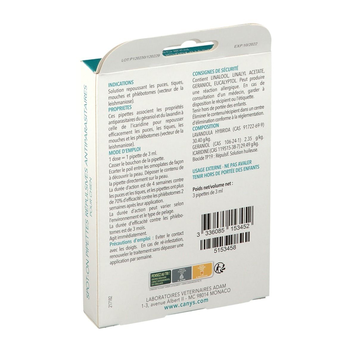 Pipettes répulsives CANYS pour chien: Anti-parasitaires, 3 pipettes de 3ml.
