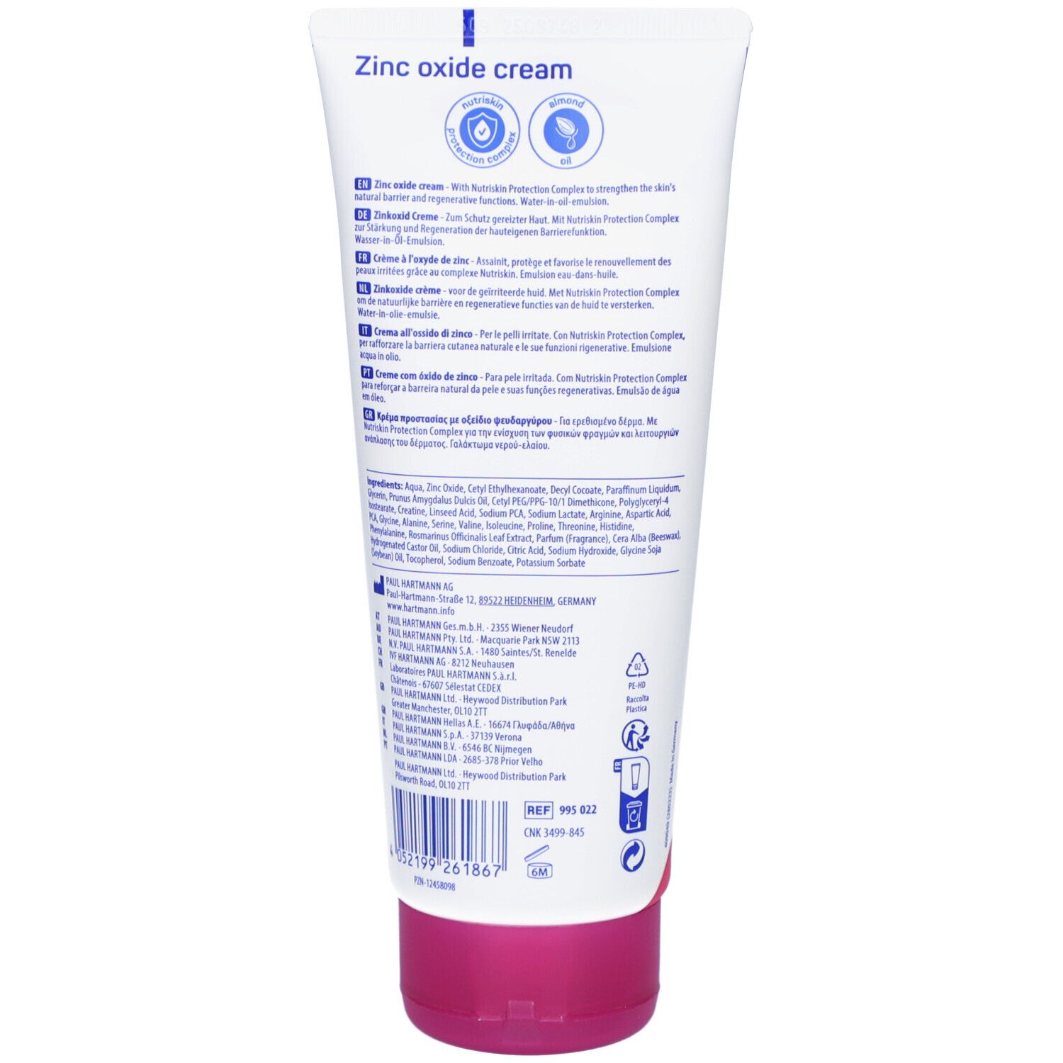 Dos du tube de crème MoliCare Skin à l'oxyde de zinc. Contient des informations sur le produit et des ingrédients. Couleurs violet et blanc.