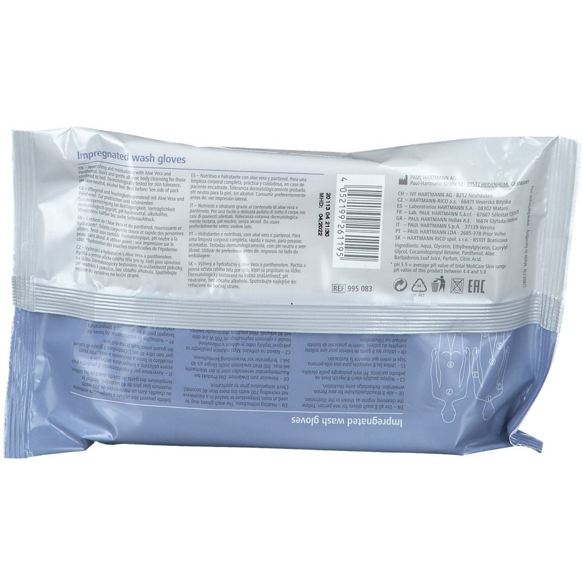 Emballage de gants de toilette imprégnés. Arrière avec texte et code-barres. Nom du produit non visible.