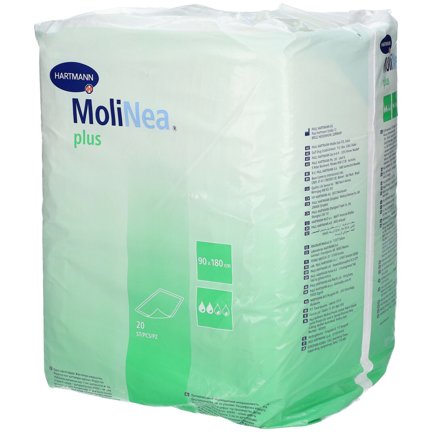 Emballage de Hartmann MoliNea plus. Dimensions 90 x 180 cm. 20 pièces. Emballage vert et blanc avec informations et logo.