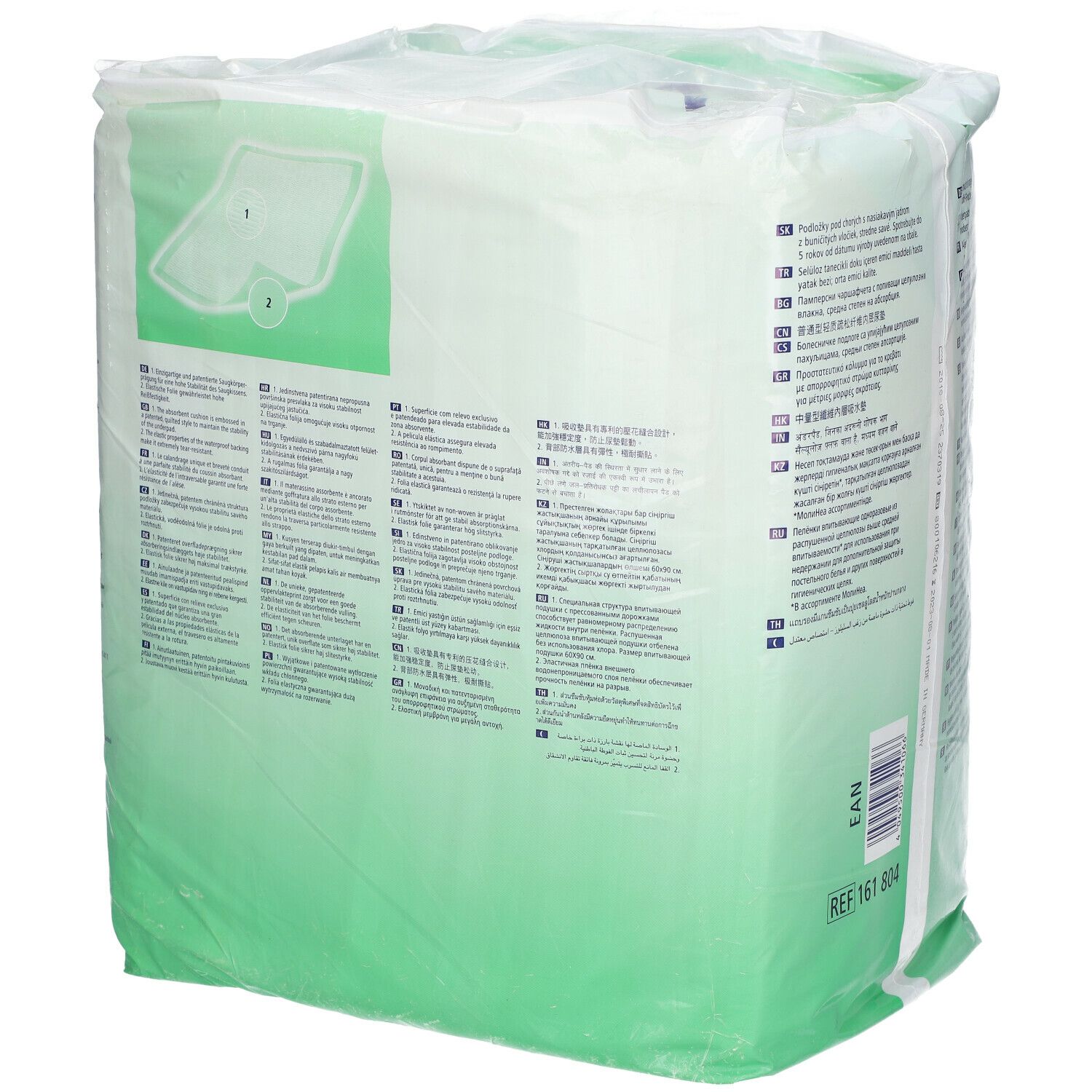 Emballage de Hartmann MoliNea plus. Dos avec informations. Emballage vert et blanc. Dimensions 90 x 180 cm. 20 pièces.