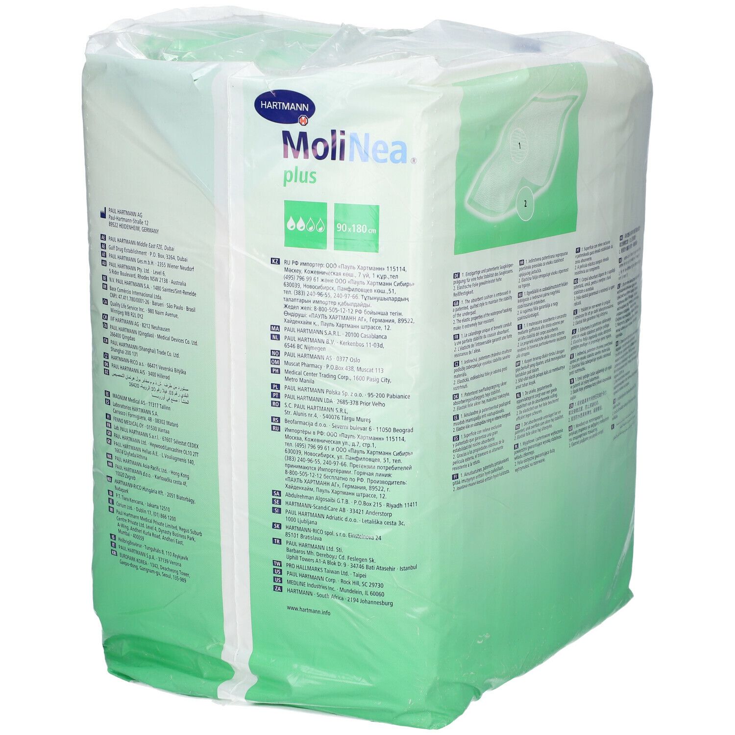 Emballage de Hartmann MoliNea plus. Dimensions 90 x 180 cm. 20 pièces. Emballage vert et blanc avec informations et logo.
