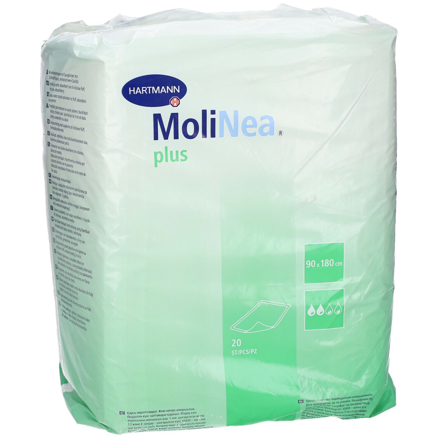 Emballage de Hartmann MoliNea plus. Dimensions 90 x 180 cm. 20 pièces. Emballage vert et blanc avec informations et logo.