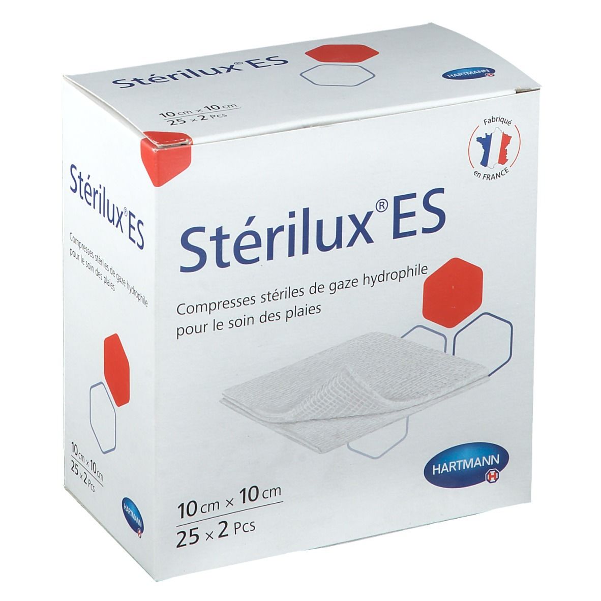 Boîte de compresses Stérilux® ES. Dimensions 10 x 10 cm, 25 x 2 pièces. Nom du produit, taille et marque Hartmann visibles.